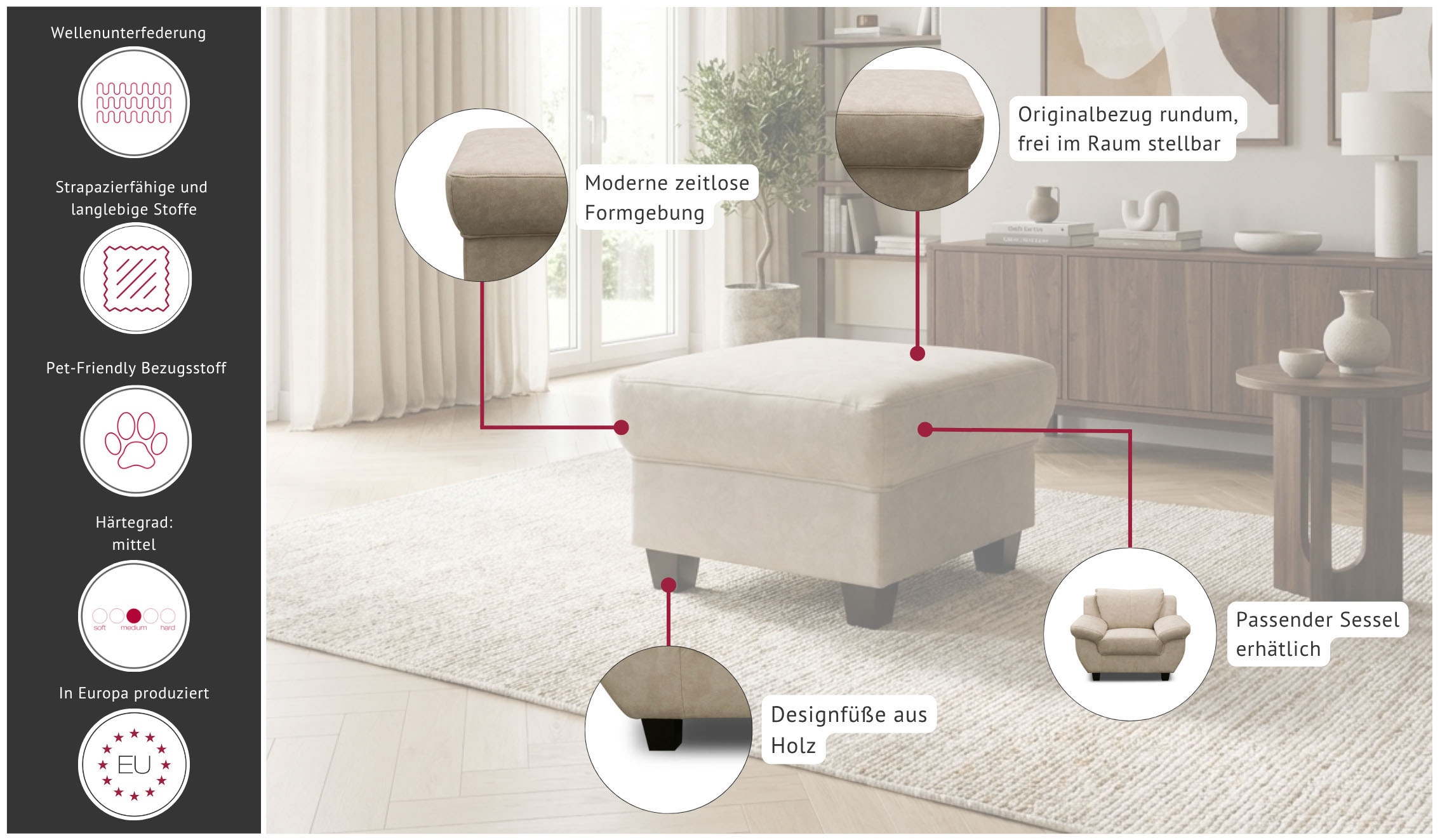 GOODproduct Hocker »Sillkeborg 59 x 59 cm, kompakt, komfortabel & mit Holzfüssen« aus pflegeleichtem, weichem Luxus-Microfaser