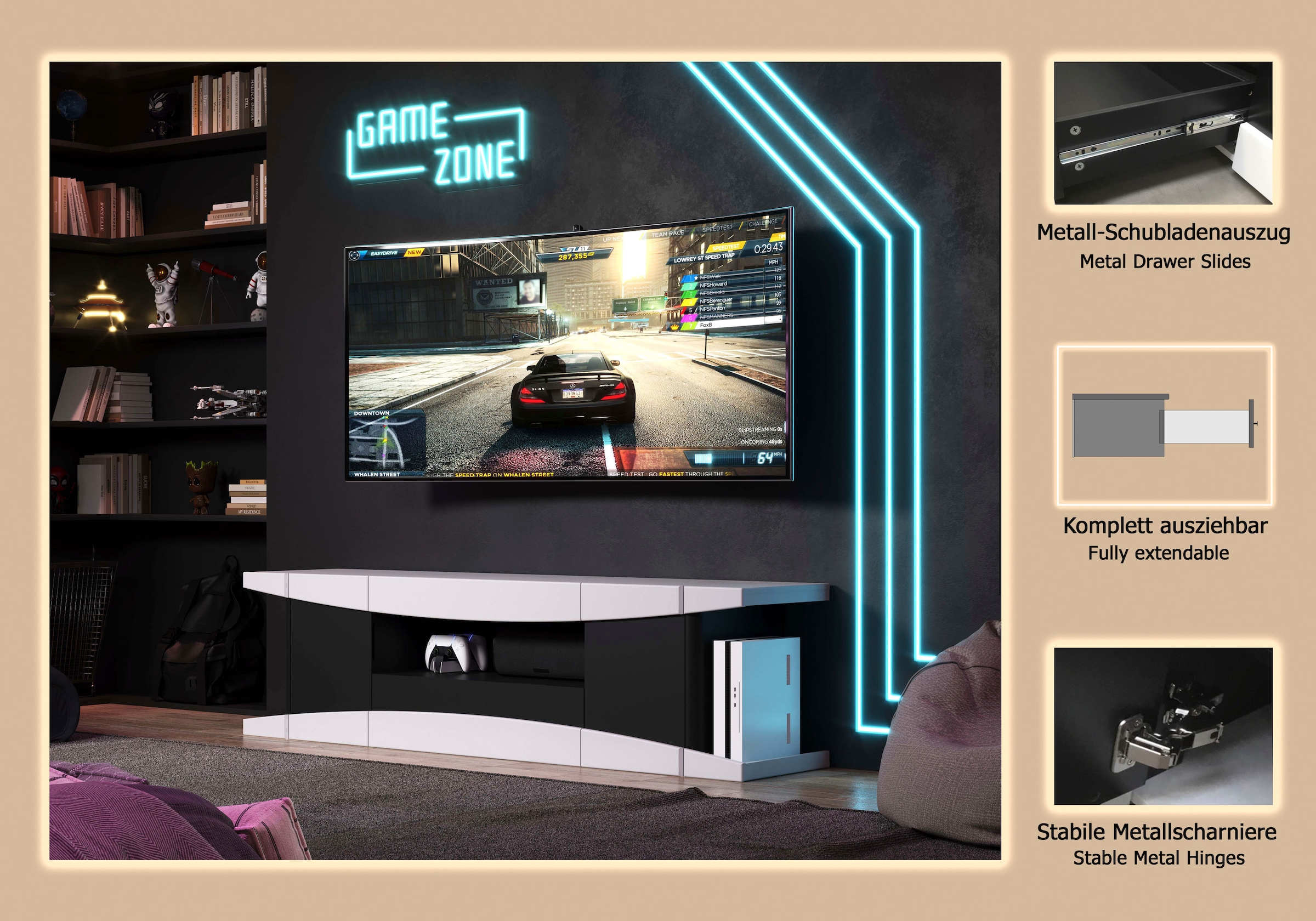 INOSIGN Table basse »NextLevel speziell geeignet für Spielekonsolen« Gaming-Lowboard wahlweise mit Beleuchtung - (B/T/H) 180/42/52 cm