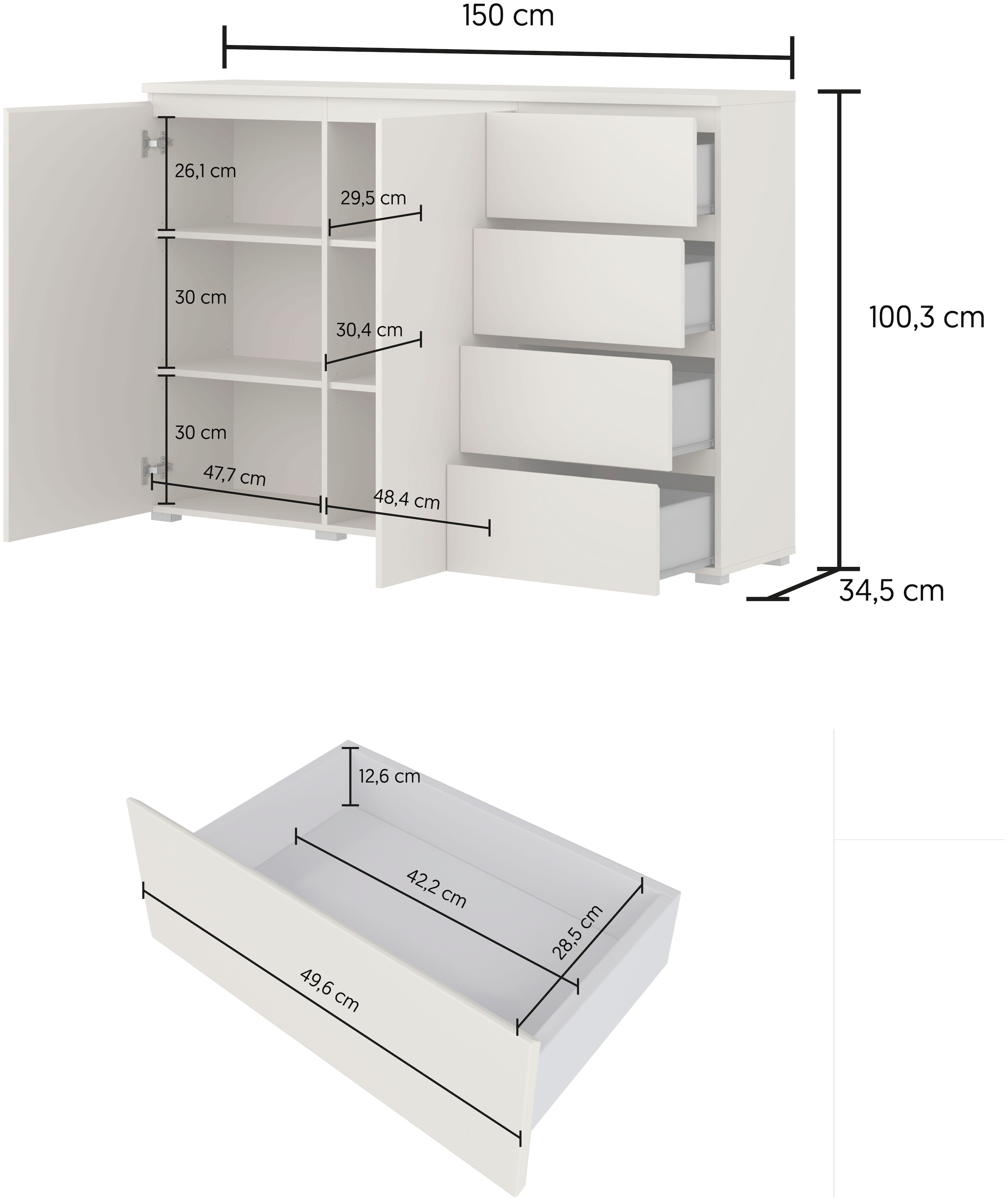 GOODproduct Buffet haut »Modo, Breite 150 cm, moderne grifflose Kommode 2Türen/4 SK« Schubladenkommode mit viel Stauraum, Einlegeböden verstellbar
