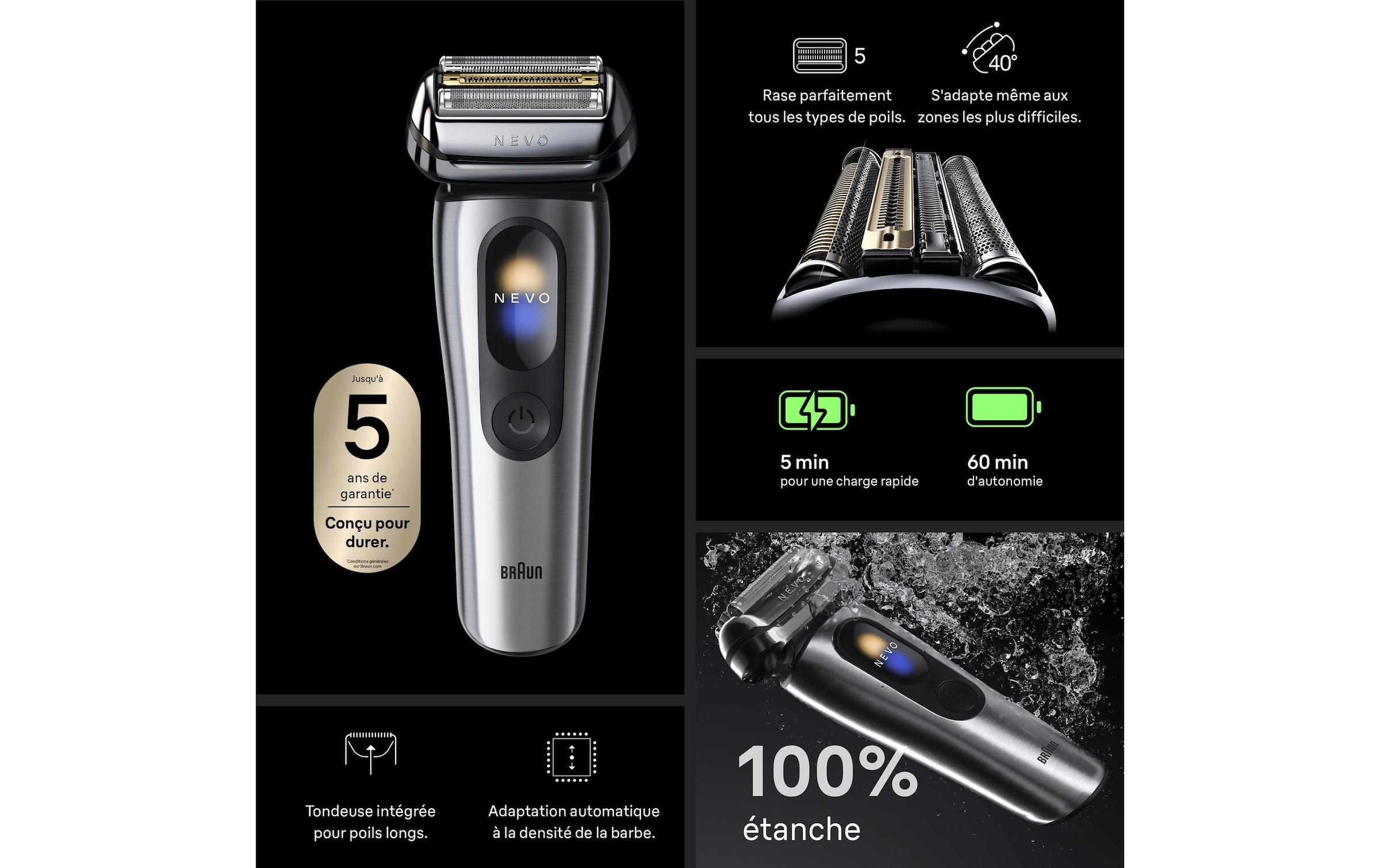 Braun »NEVO 11000cc« station de nettoyage SmartClean Plus Tondeuse de précision intégrée AeroTouch, écran intelligent, système de soin 7-en-1, étui de voyage, argent