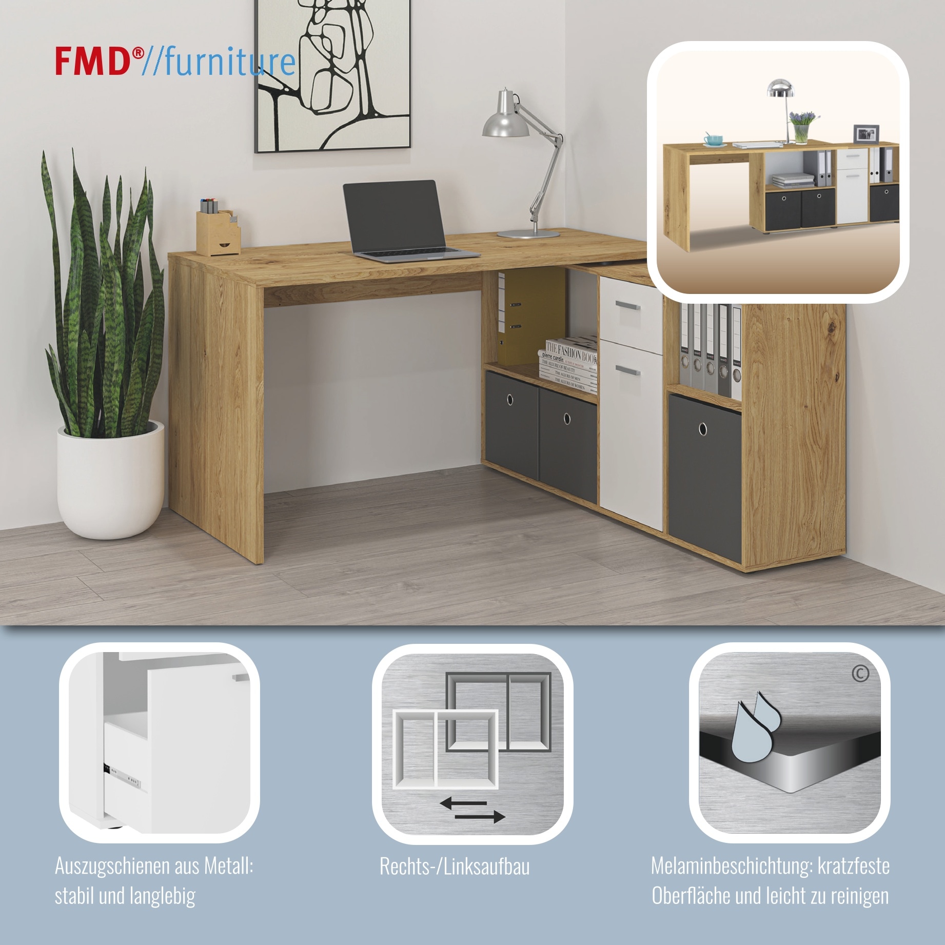 FMD Bureau d'angle »Lexo« Schreibtisch/Sideboard viel Stauraum, beidseitig montierb., 136/205 cm