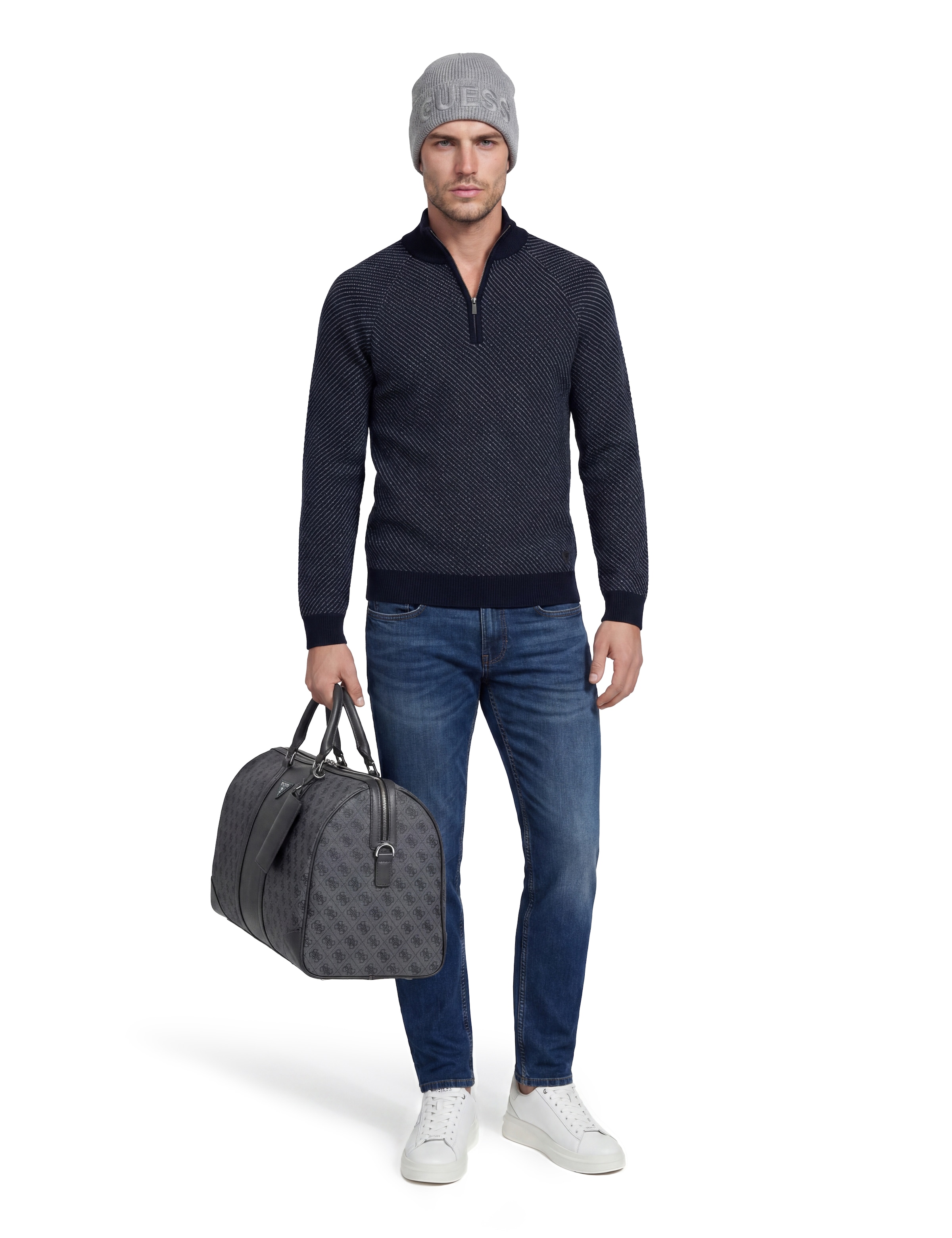 Guess Pull jacquard »NICO DIAGONAL STITCH« mit Wolle, Stehkragen mit Reissverschluss, Jaquard-Strick