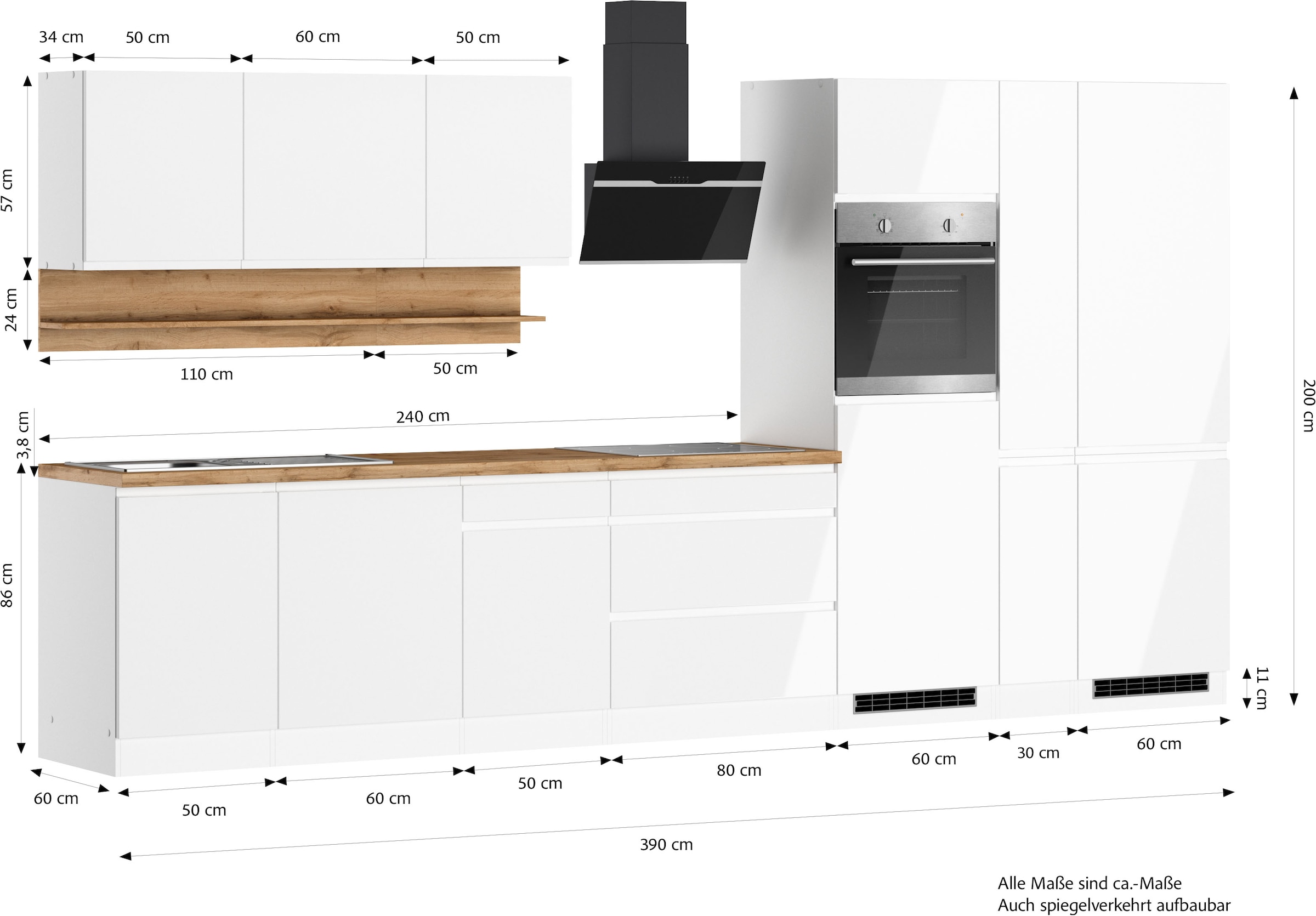 KOCHSTATION Kitchenette »KS-Virginia,neu in verbesserter Ausführung« largeur 390 cm, soft-close, sans appareils électriques