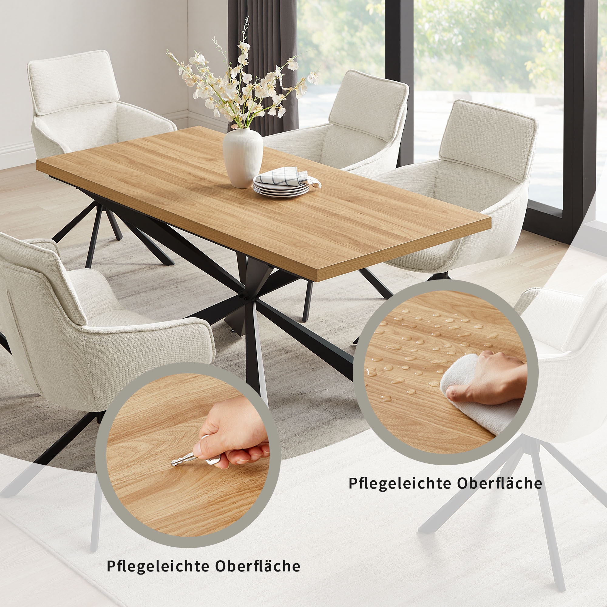 GOODproduct Essgruppe »Cusey, besteht aus einem Esstisch und vier Stühlen« Set, Stühle drehbar, Esstisch 160 cm, 4 cm starke Tischplatte, 5 Stk. tlg. kratzfester Tisch in Holzoptik, drehbare Stühlen, atmungsaktivem Stoff