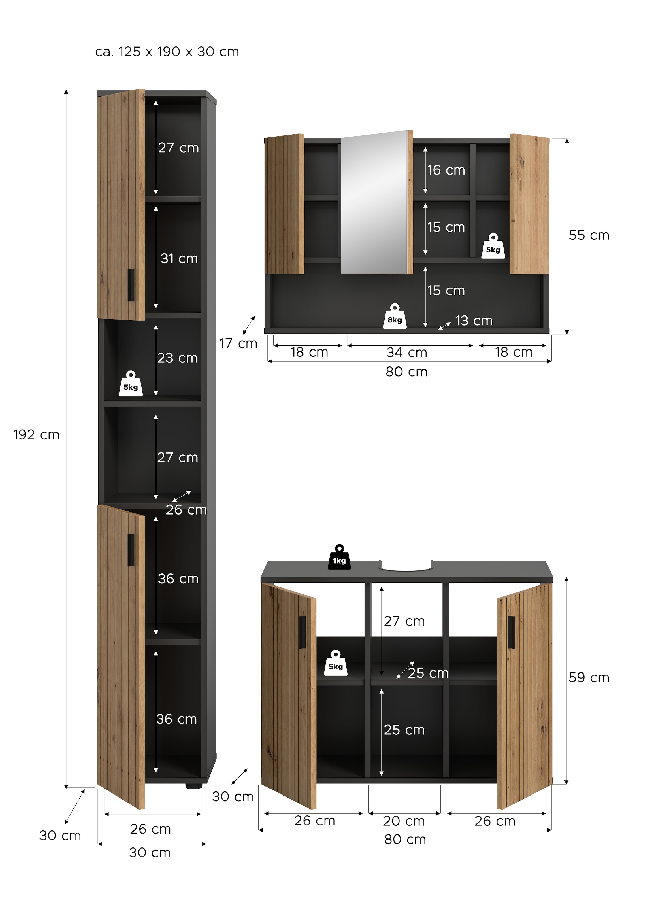 welltime Ensemble de meubles de salle de bain »MANI, 3-tlg. Badkombination, Paneeloptik« Set, Set, best, aus: 1Badschrank,1Spiegelschrank,1Waschbeckenunterschrank, 3 cuis tlg.