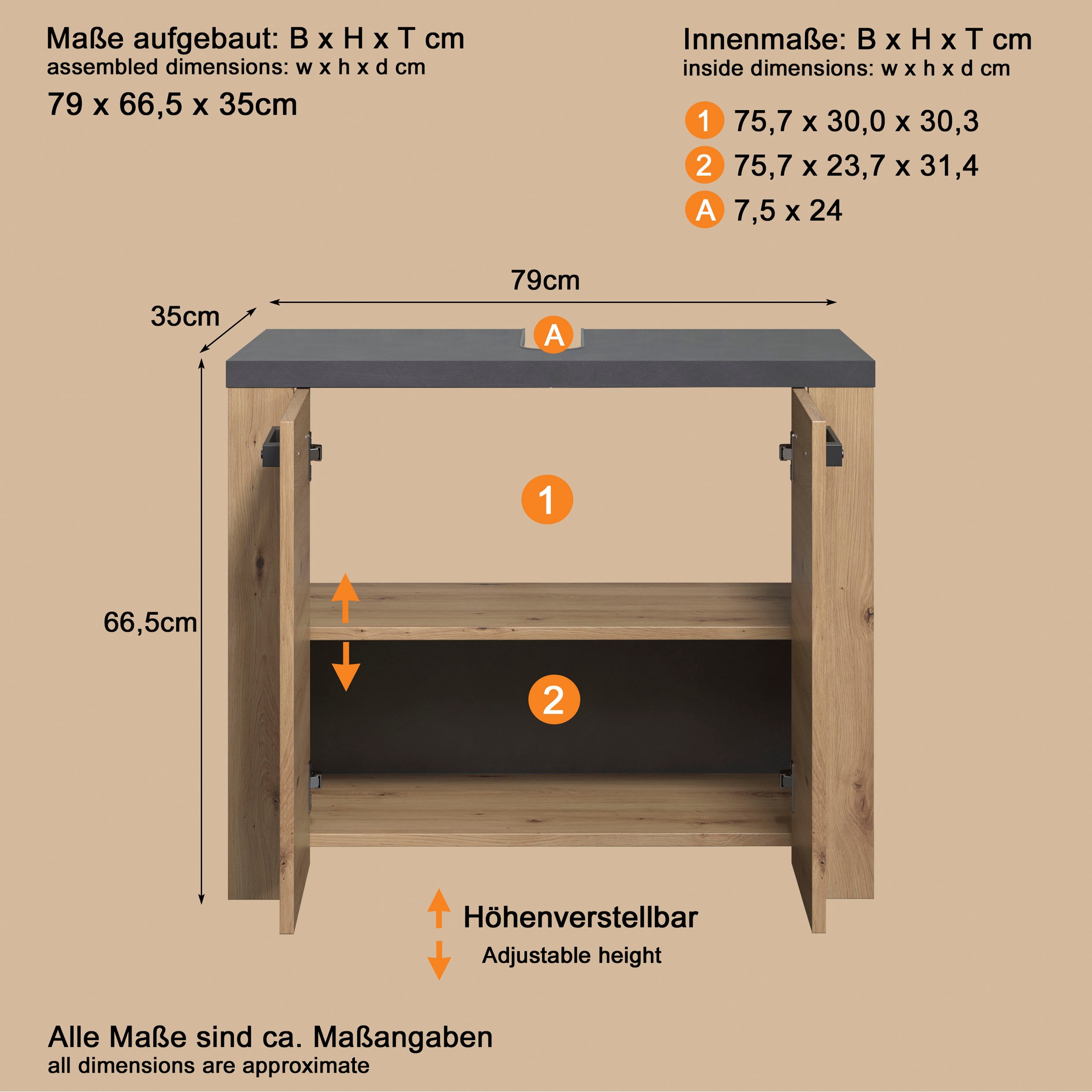 welltime Waschbeckenunterschrank »Ambres« Waschbeckenunterschrank mit 2 Türen - (B/T/H) 79/35/67 cm