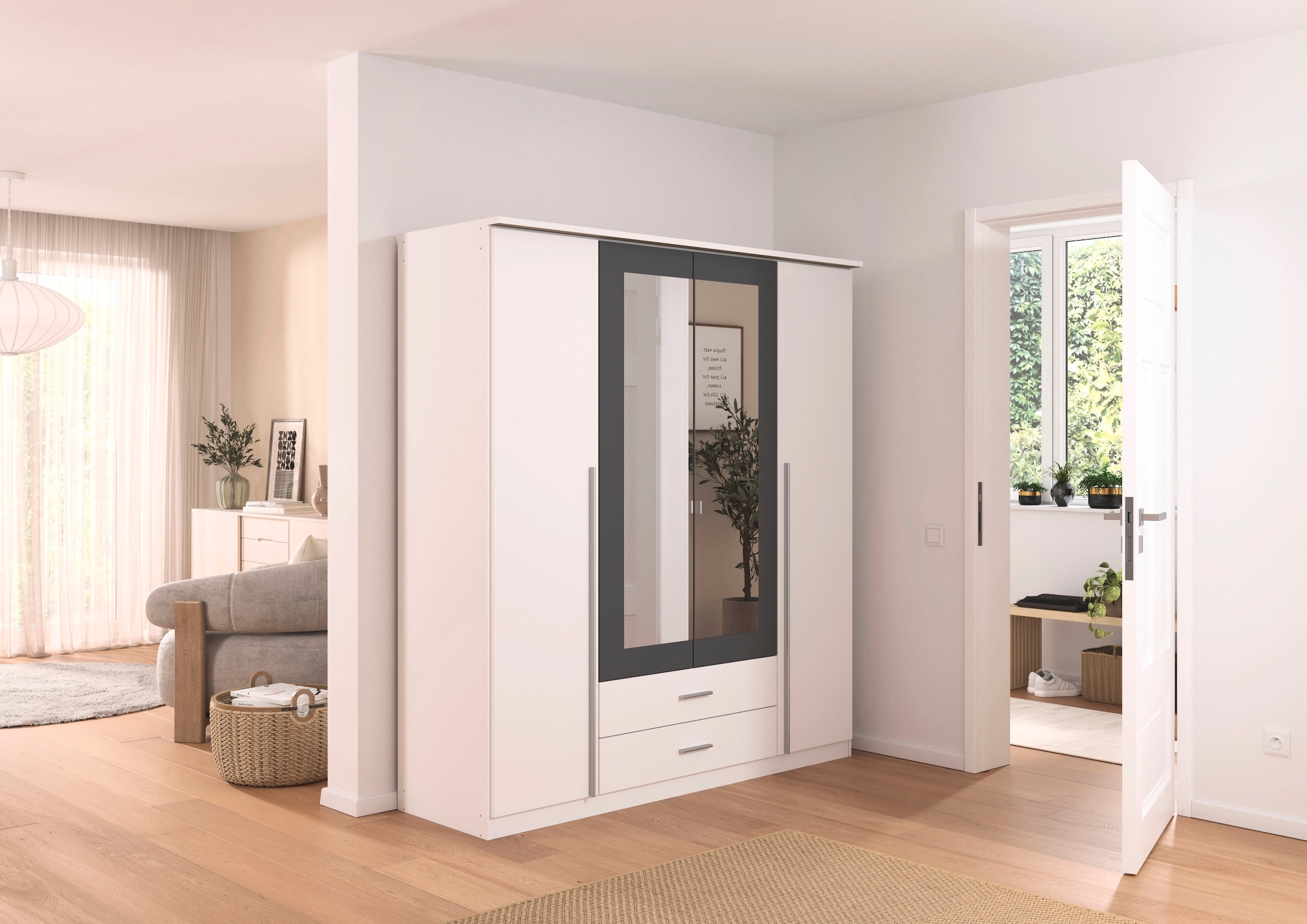 rauch Armoires à vêtements »Kleiderschrank Schrank Garderobe Wäscheschrank Ankleide KREFELD« Breiten: 136/181 cm, Höhe: 199 cm,  farblich abgesetzte Spiegelumrandung, Griffstangen MADE IN GERMANY