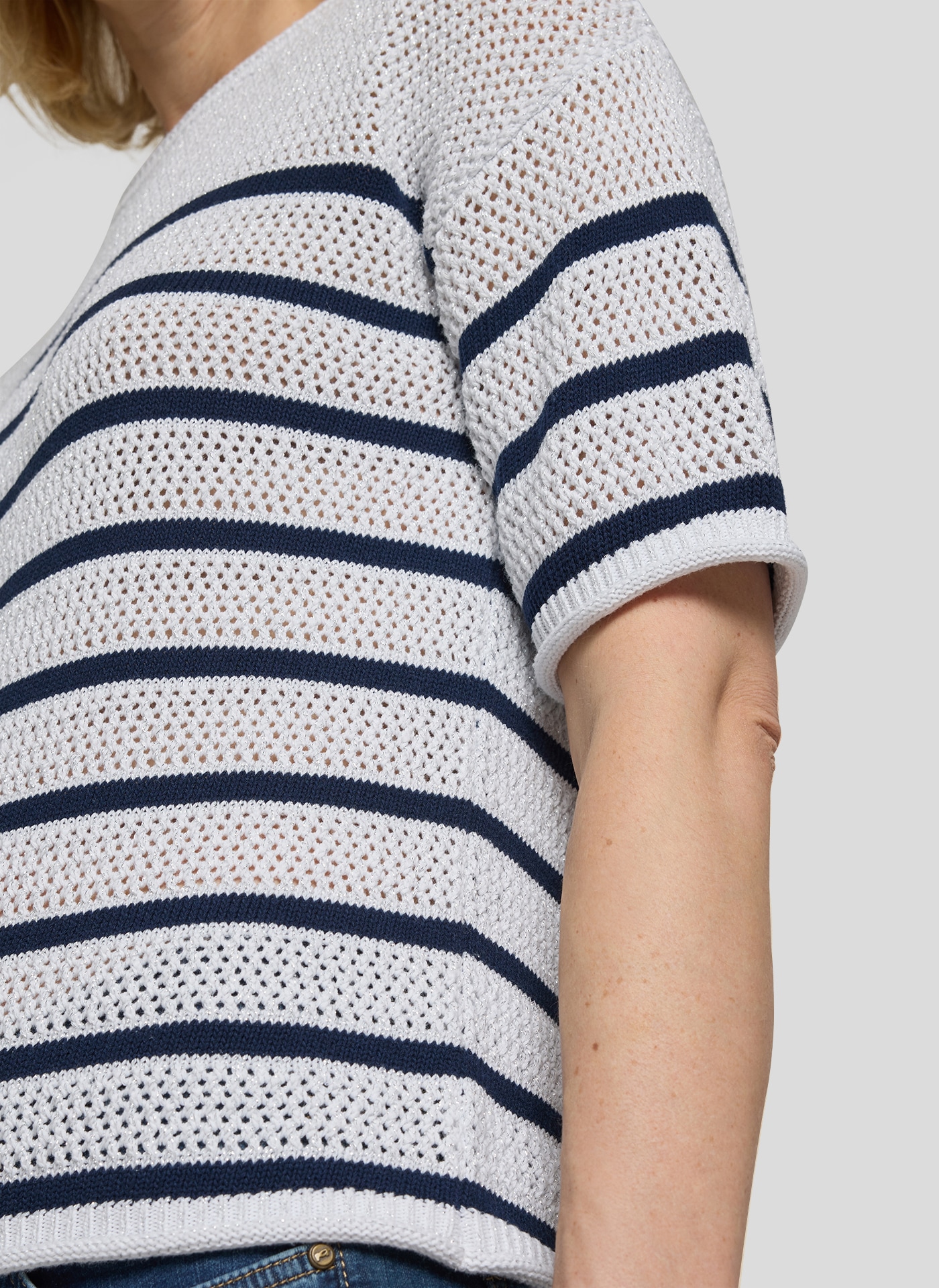 Rabe Pull en tricot Halbarm-Strickpullover mit Streifen und im Häkel-Look