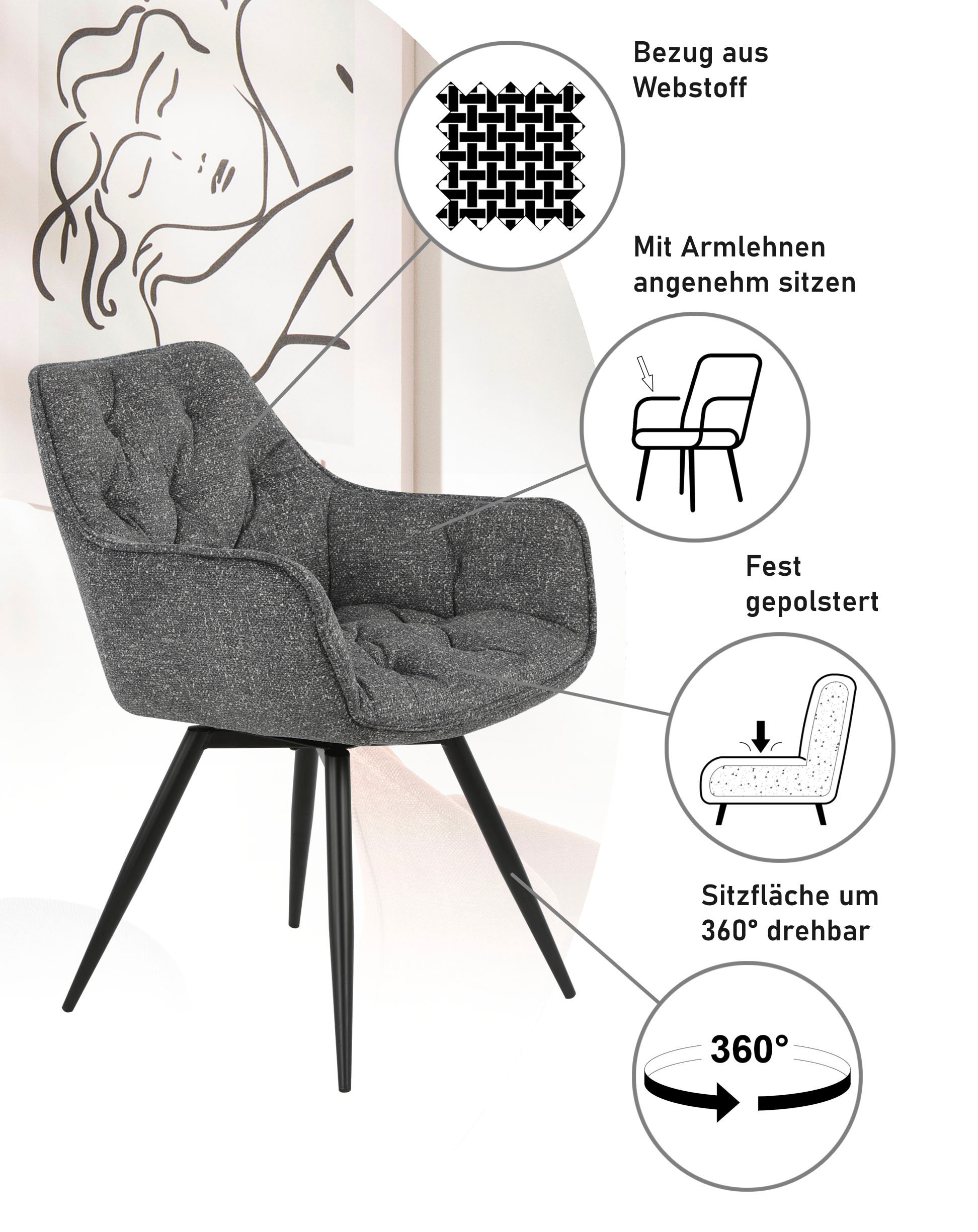 HELA Chaise de salle à manger »Mara« (Set) 2 cuisDrehstuhl, Teddy Bezug, Webstoff oder Samtvelours