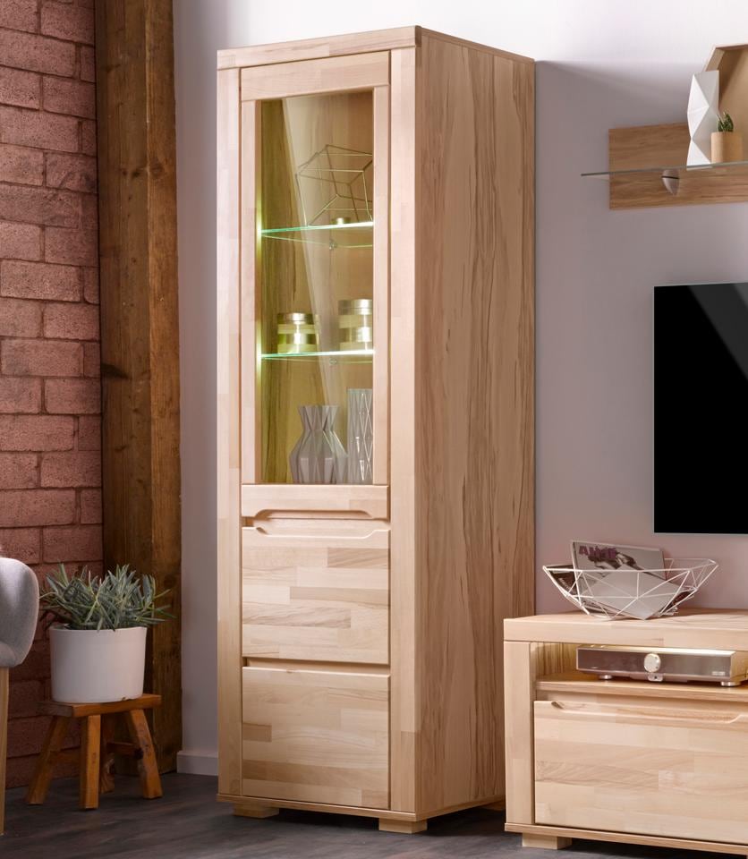 GOODproduct Vitrine »DENIS75, 5 Fächer, Teilmassiv, 1 Tür mit Glaseinsatz, grifflos« B/T/H:65/40/190cm, Einlegeboden teilwese verstellbar, Kernbuche geölt.