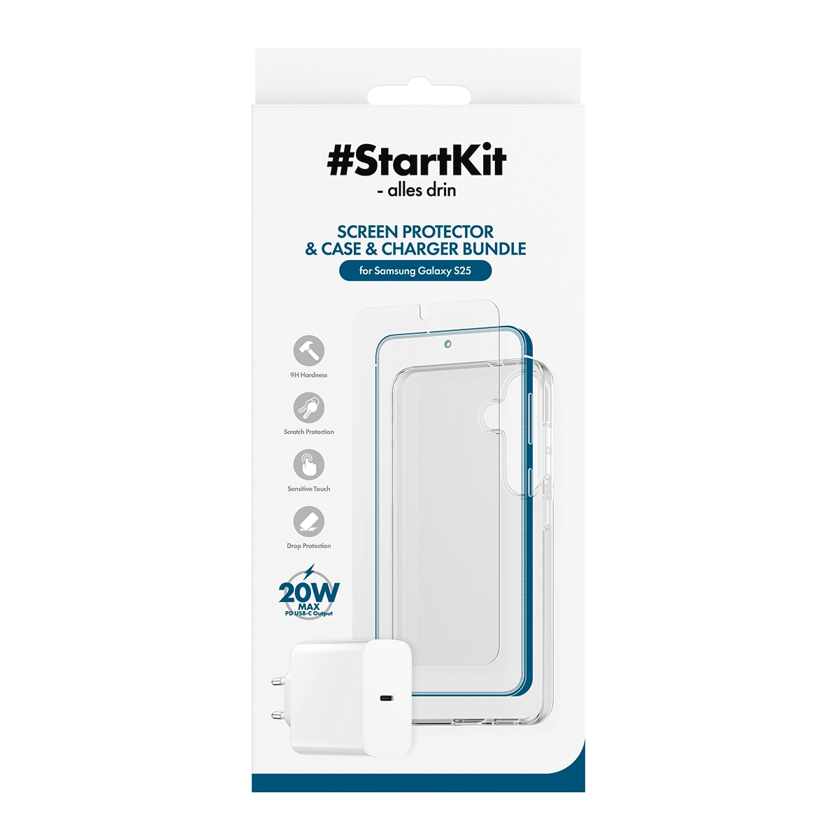 CARE by PanzerGlass USB-Ladegerät »StartKit - alles drin - Screen Protector, Case & Charger« Set, 20W Ladegerät, Displayschutzglas, TPU-Schutzhülle, 3 Stk. tlg. 3-in-1 Bundle für Samsung Galaxy S25