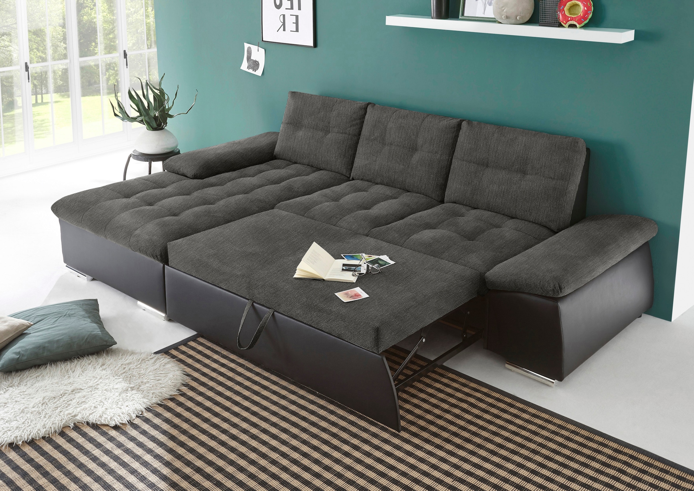 ED EXCITING DESIGN Canapé d'angle »Jakarta L-Form« avec fonction lit, réglage des accoudoirs, appuie-têtes & 2 coussins lombaires