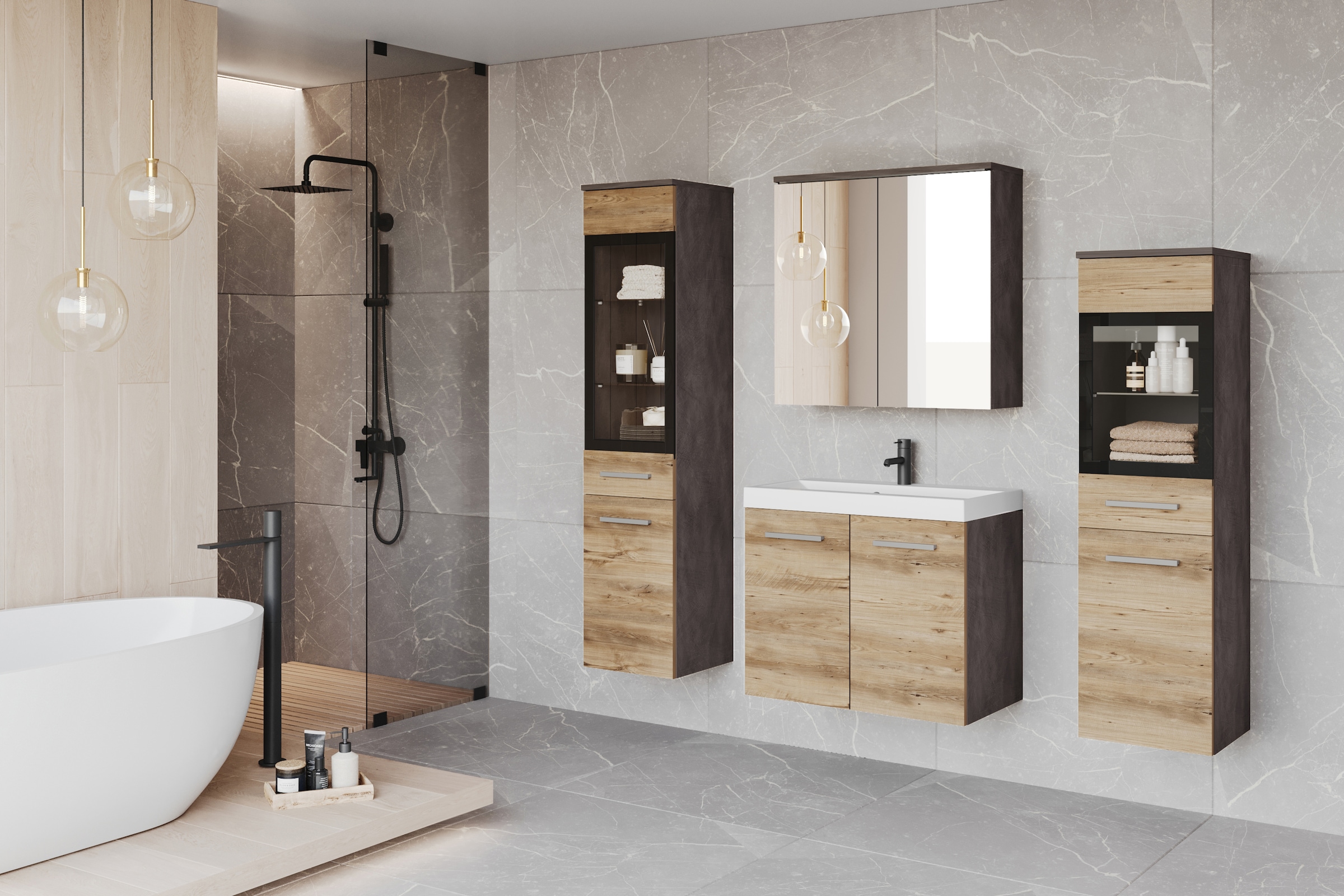 welltime Badmöbel-Set »MADRIT II, Schrank mit Waschbecken, 2 Hänger, Spiegelschrank« Komplett-Set, 5 Stk. tlg.