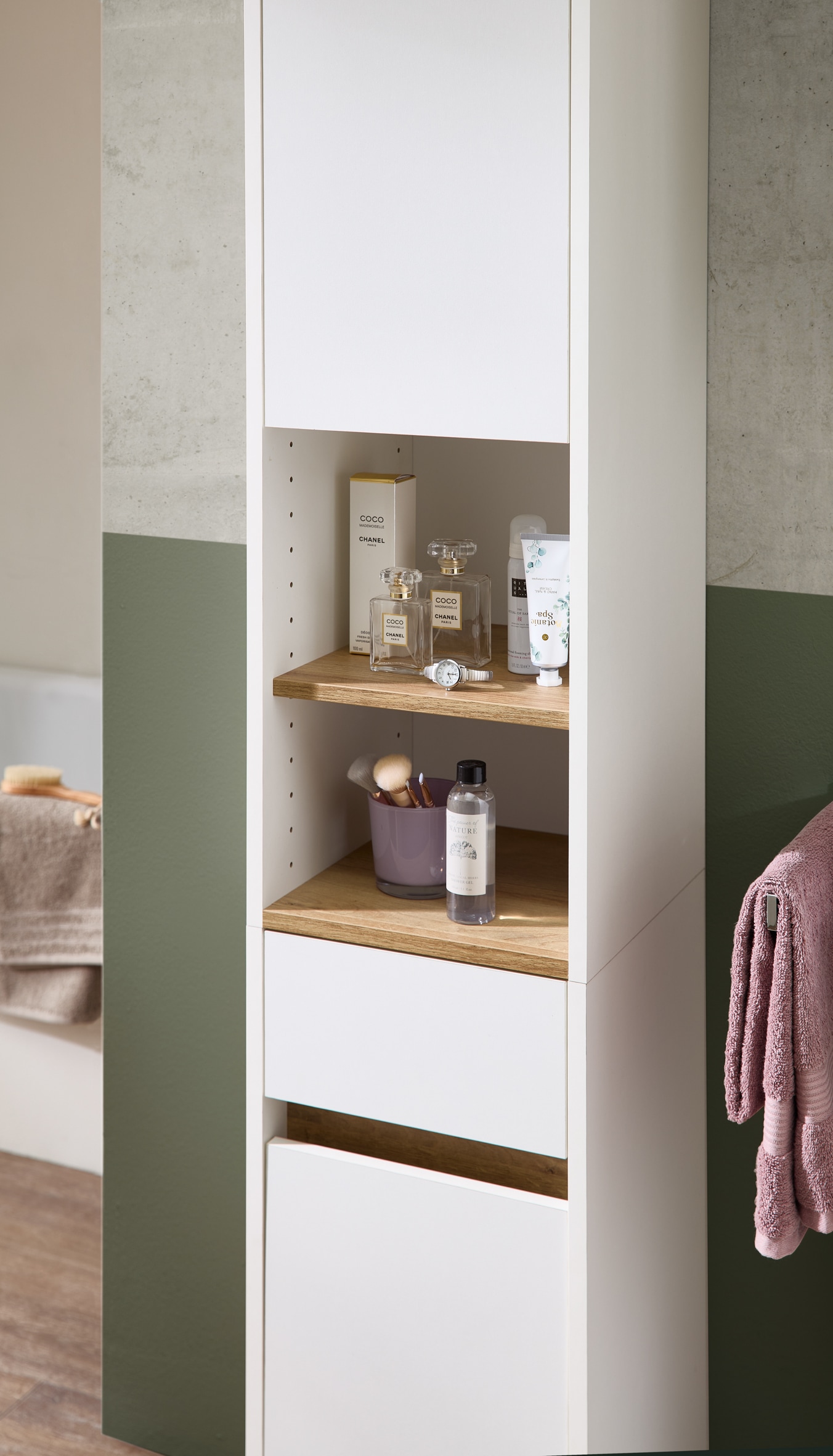 Saphir Armoire haute »Quickset 100, Badschrank 32,4 cm, 2 Türen und 1 Schublade« 3 étagères, 2 compartiments ouverts, armoire haute salle de bain, joint accentué