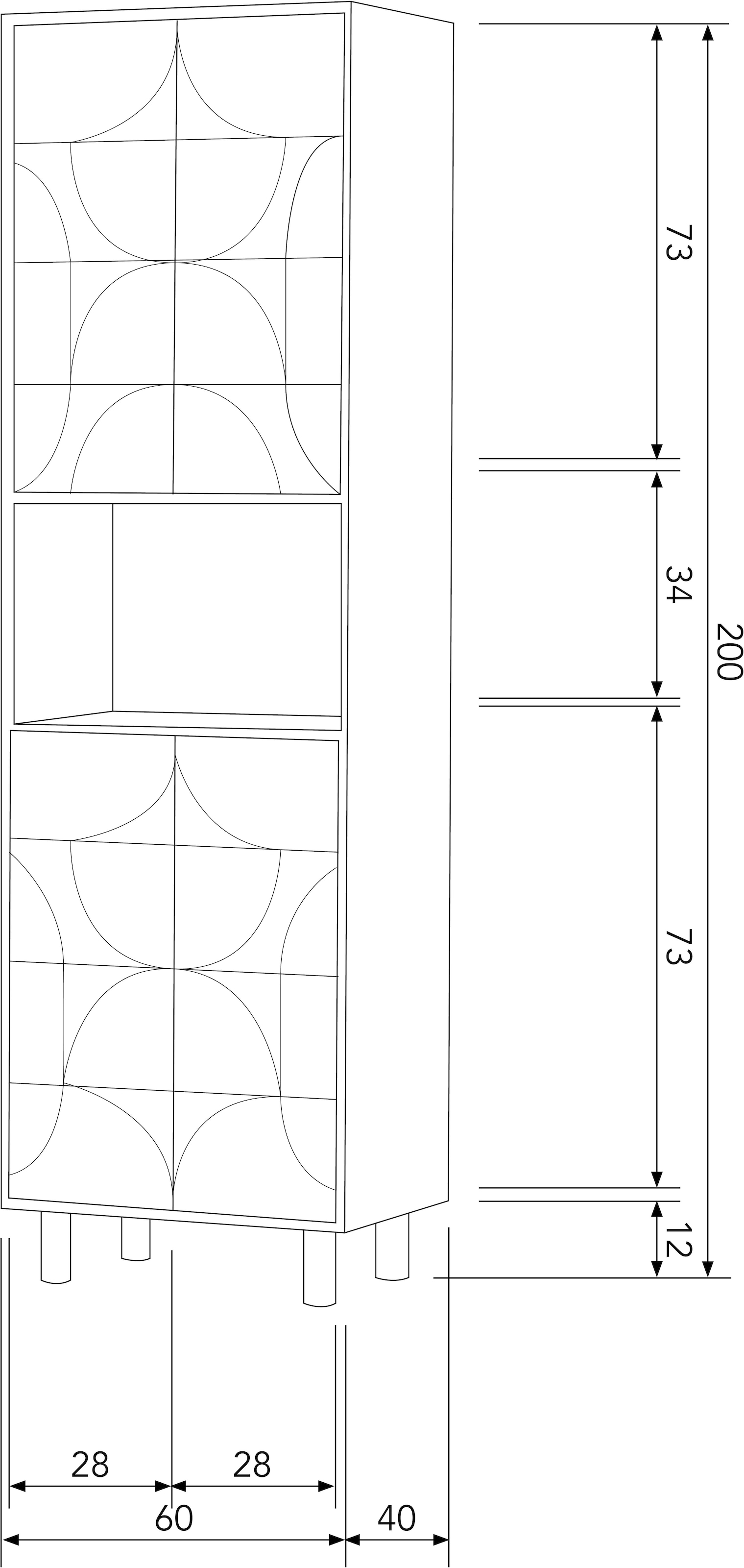 WOOOD Vitrine »Draw Mangoholz mit Druckmechanismus und 3D-Relieftüren 60x40x200 cm« Tragkraft 15 kg pro Boden, Wandbefestigung empfohlen ab 50 cm