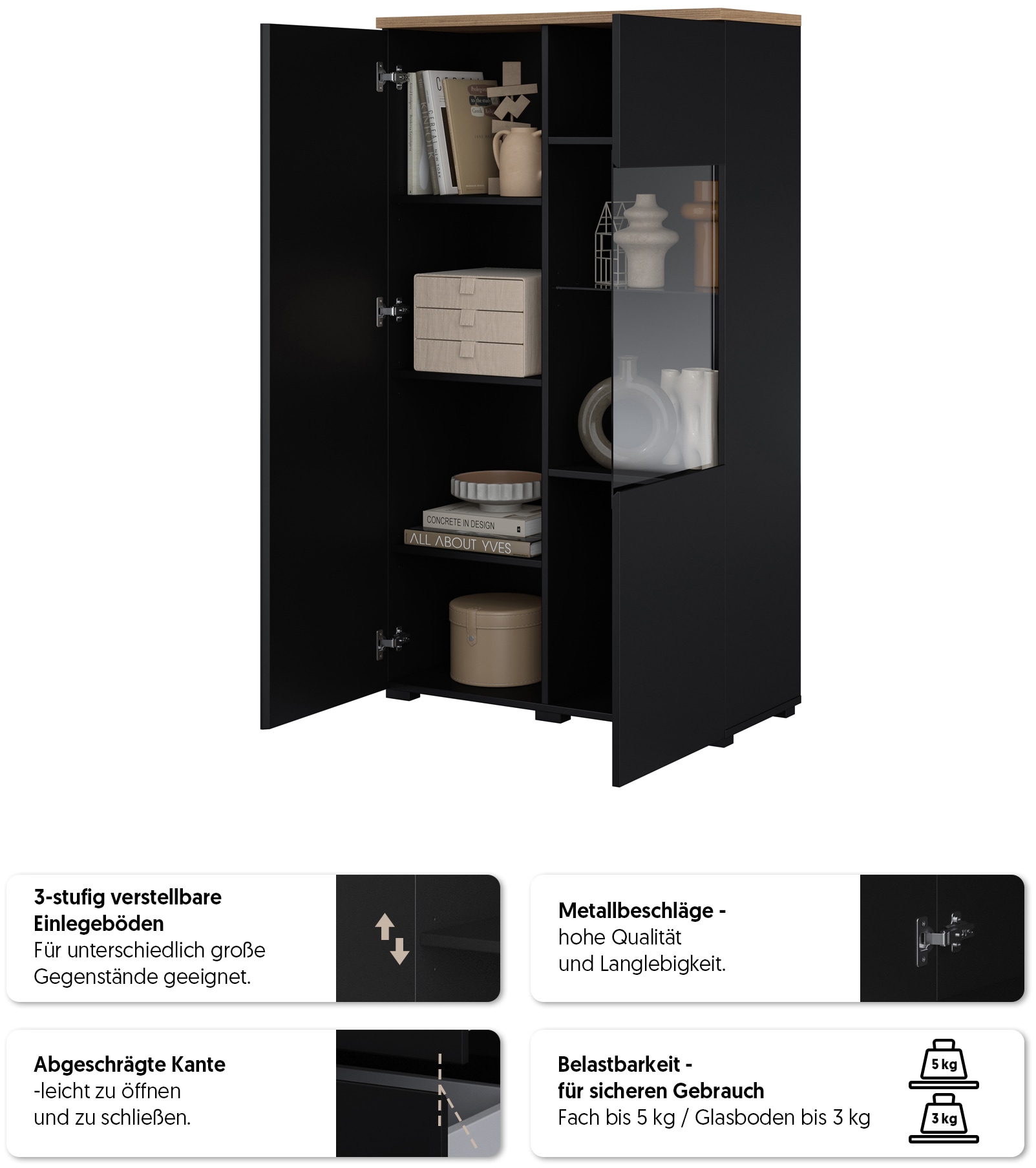 GOODproduct Vitrines »Modo, Breite 80 cm, moderner griffloser Vitrineschrank« Vitrine mit viel Stauraum, Einlegeböden verstellbar, Glastür