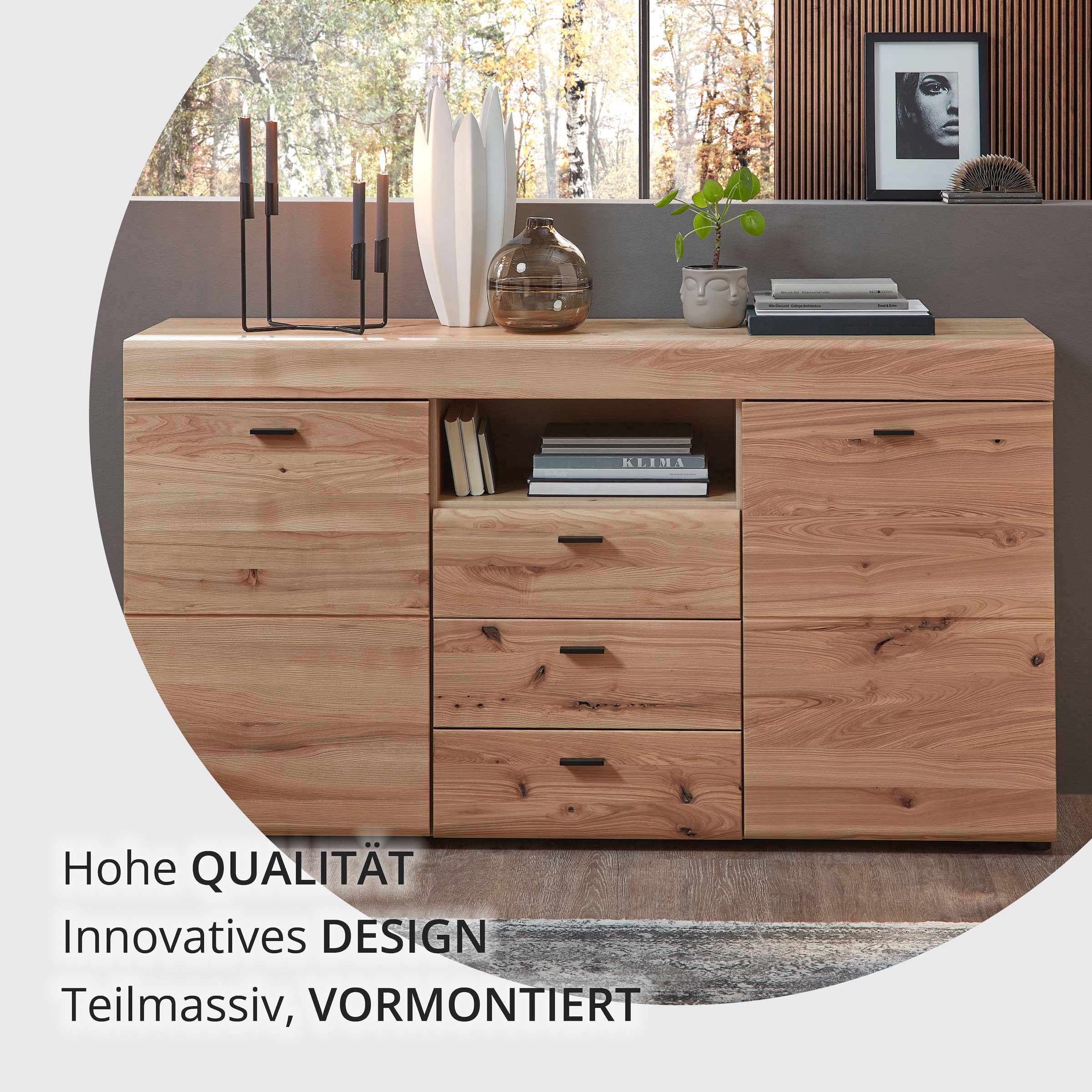 Wohnconcept Buffet »Malaga Sideborad, 160x88x42 (BxHxT)« 1 cuis tlg. Façade en bois massif, 2 portes, 3 tiroirs, softclose