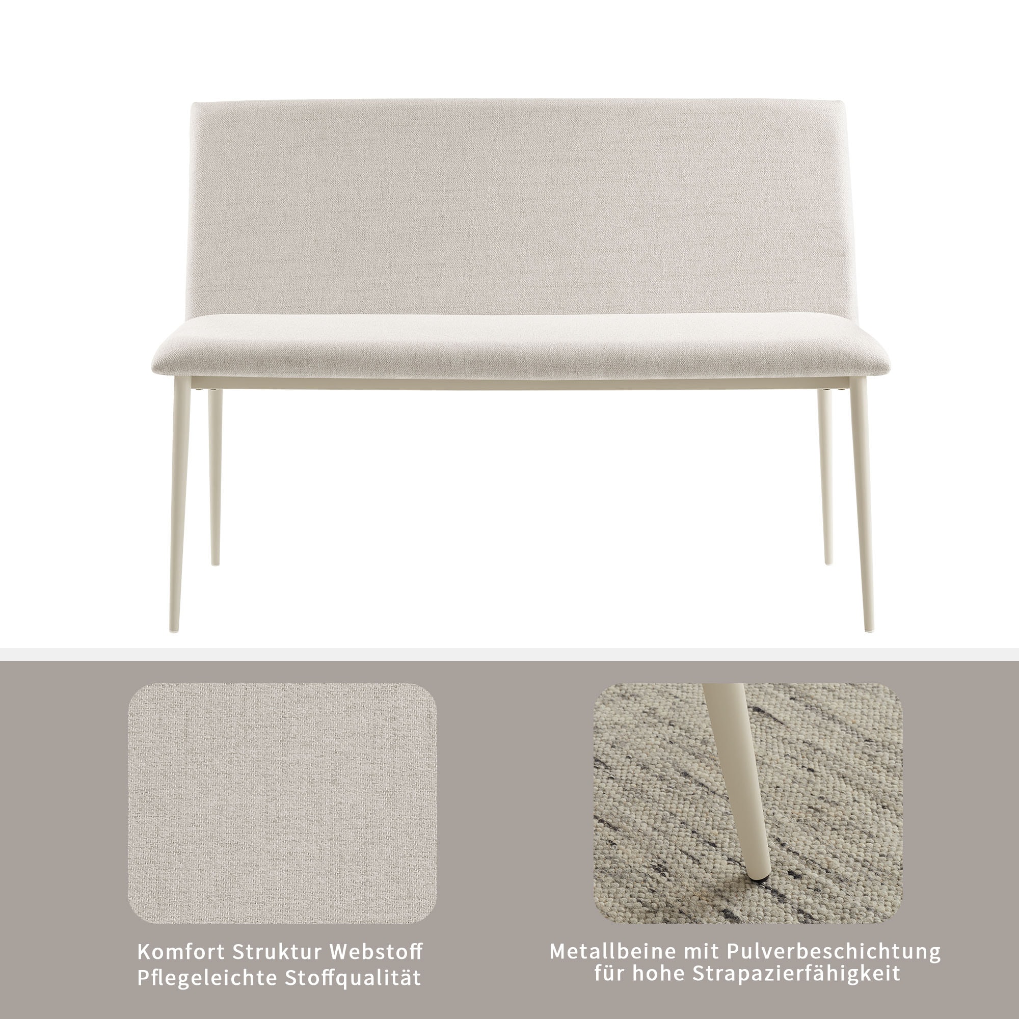 GOODproduct Ensemble de salle à manger »Kryce« Set, 120 cm Esstisch + 2 Stühle + Bank, 4 cuis tlg. Strukturstoff, robustem Metallgestell, Tischplatte aus Sinterstein