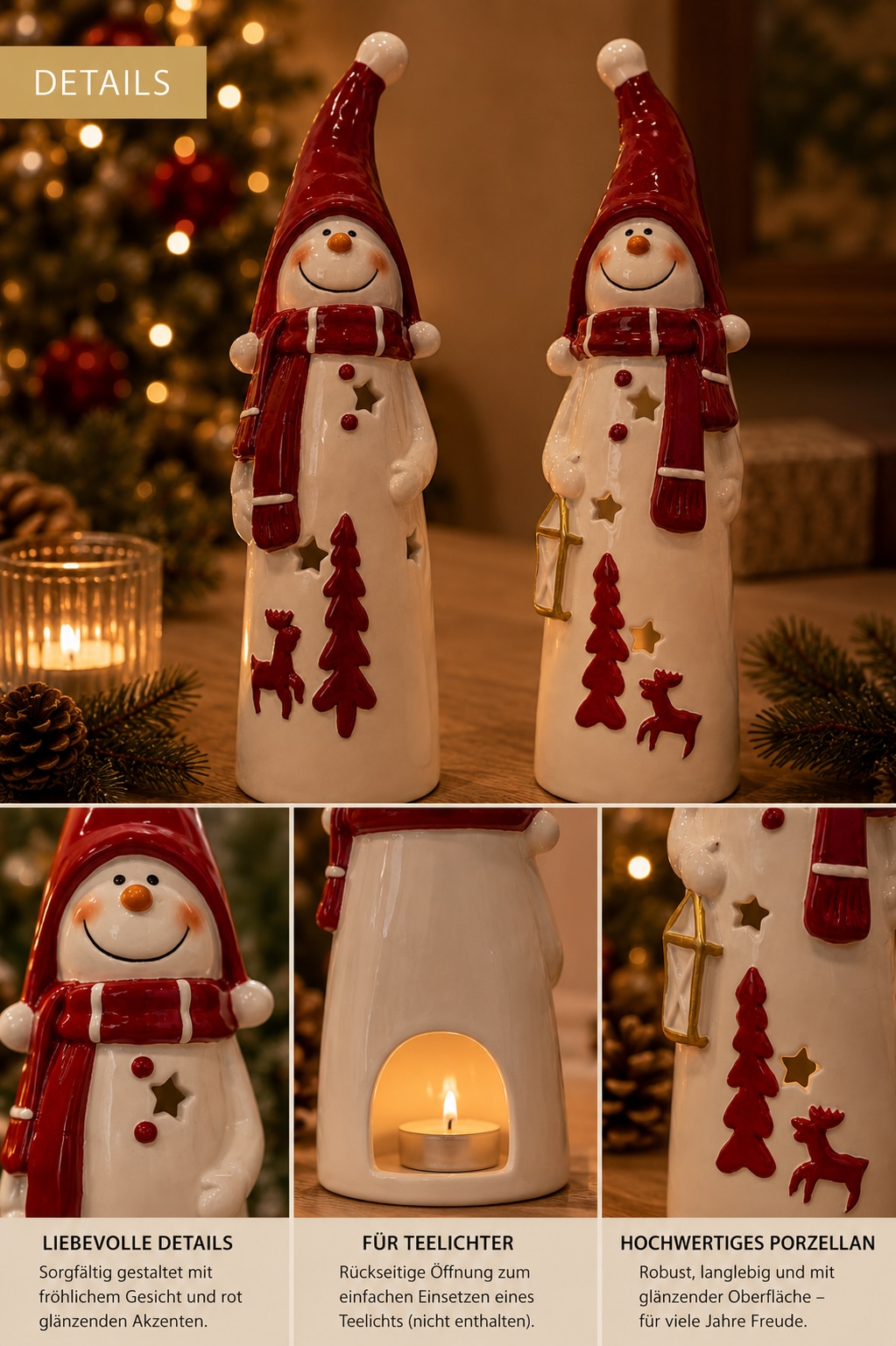 GOODproduct Porte-bougies à chauffe-plat »Deko Weihnachten Eeske, aus Porzellan detailreich bemalt« Schneemänner klassisch rot-weiss, jeweils ca.31cm hoch