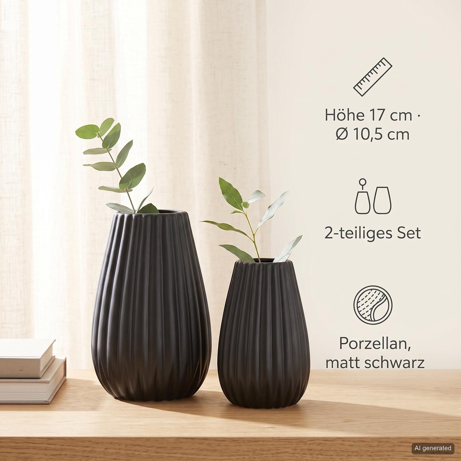 Casablanca by Gilde Tischvase »2tlg. Set Vase Piega schwarz H.17 cm« 2-teiliges Set aus Porzellan, schwarz