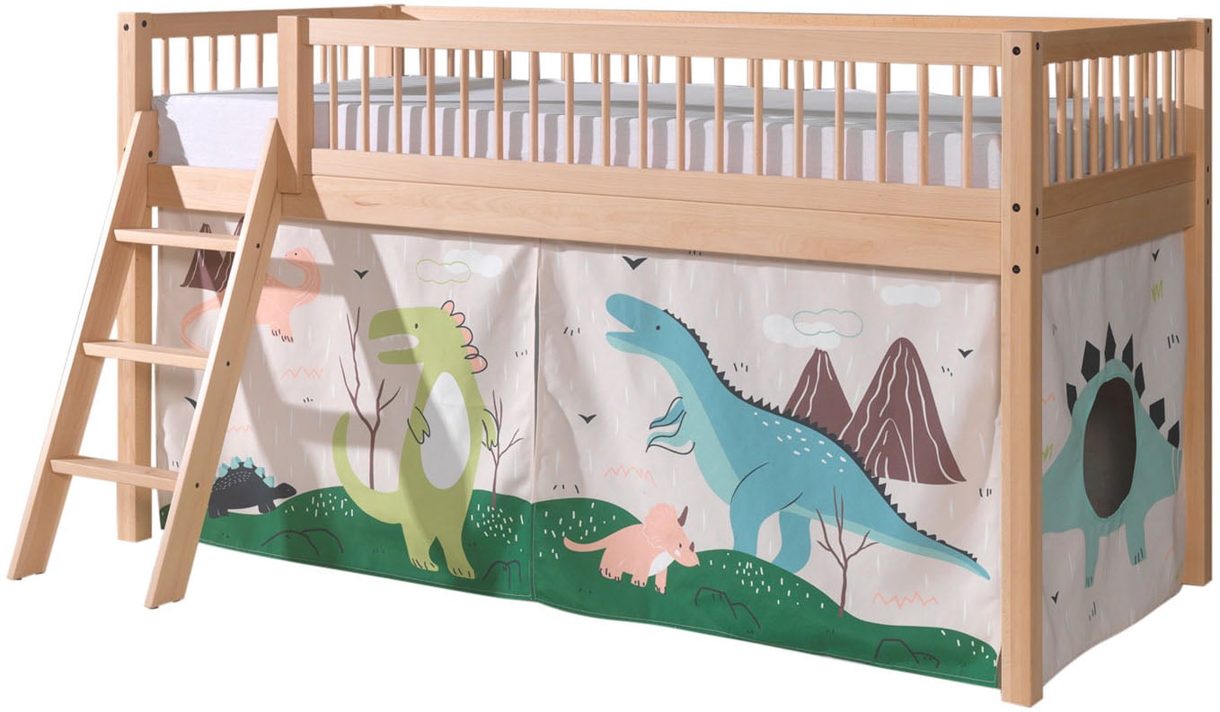 Vipack Lit de jeu »Forrest, Absturzschutz mit Sprossen-Optik, Pfostenstärken ca. 50x50mm« Hêtre laqué naturel, construction stable et de qualité, avec sommier à lattes,  90/200 cm, incluant ensemble rideaux 3 pièces, aire de jeu sous le lit,
