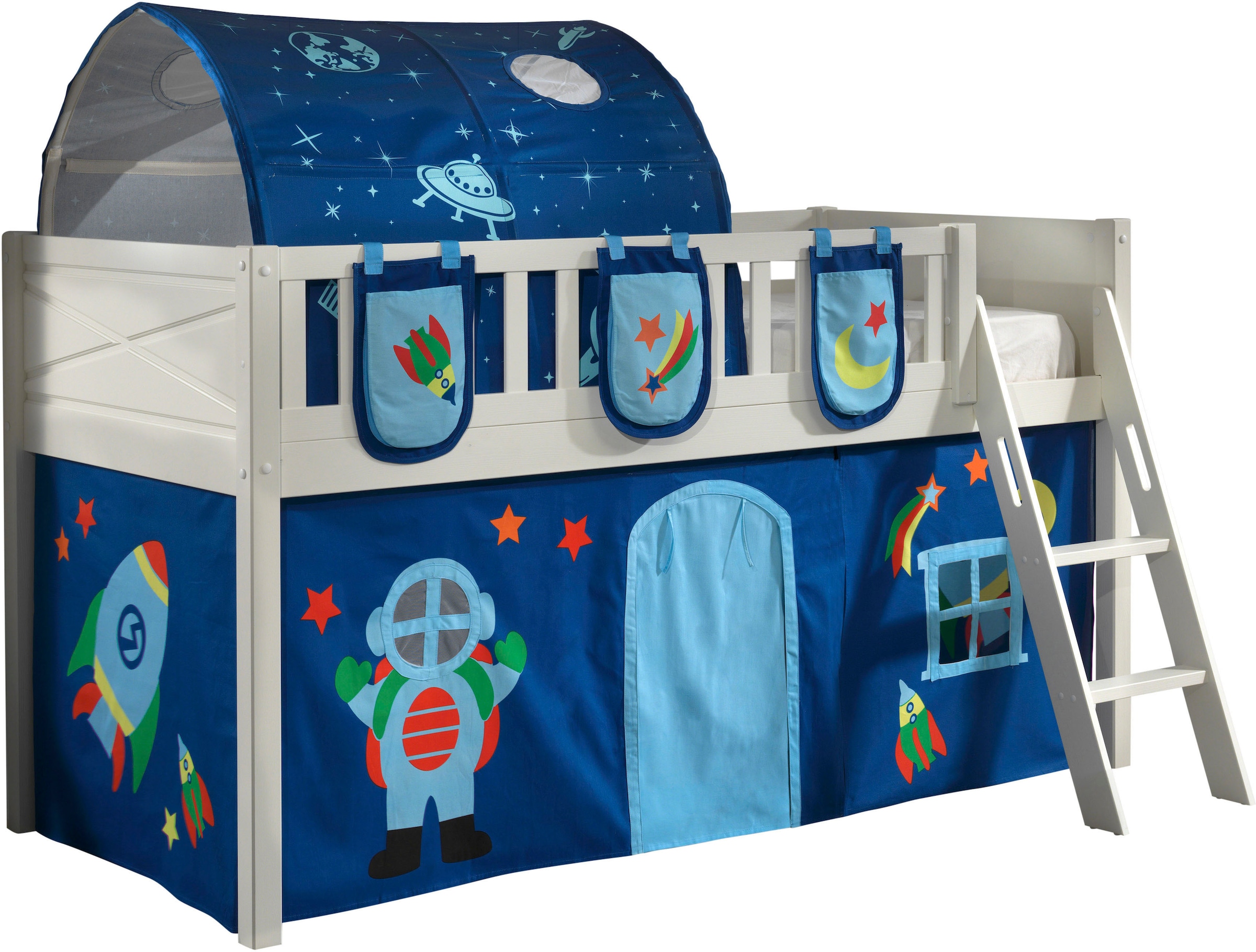Vipack Hochbett »Scott« Made in Europe,  mit Leiter, LF 90x200 cm, Vorhang, Tasche, Tunnel, 4 Designs