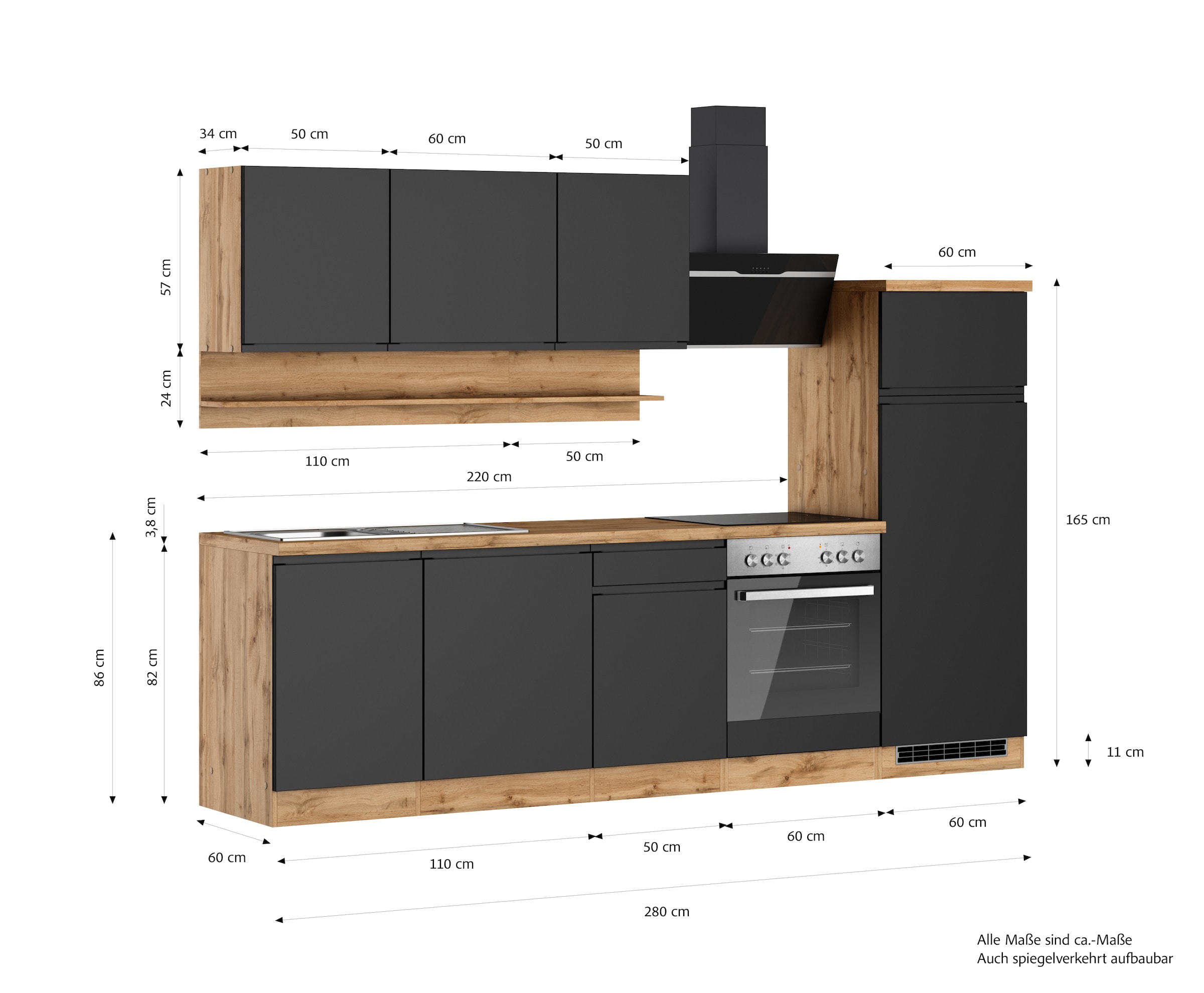 KOCHSTATION Kitchenette »KS-Virginia,neu in verbesserter Ausführung« plan de travail épaisseur 38 mm, rangement, fermeture douce,  Largeur 280 cm, fermeture douce, avec ou sans appareils électriques