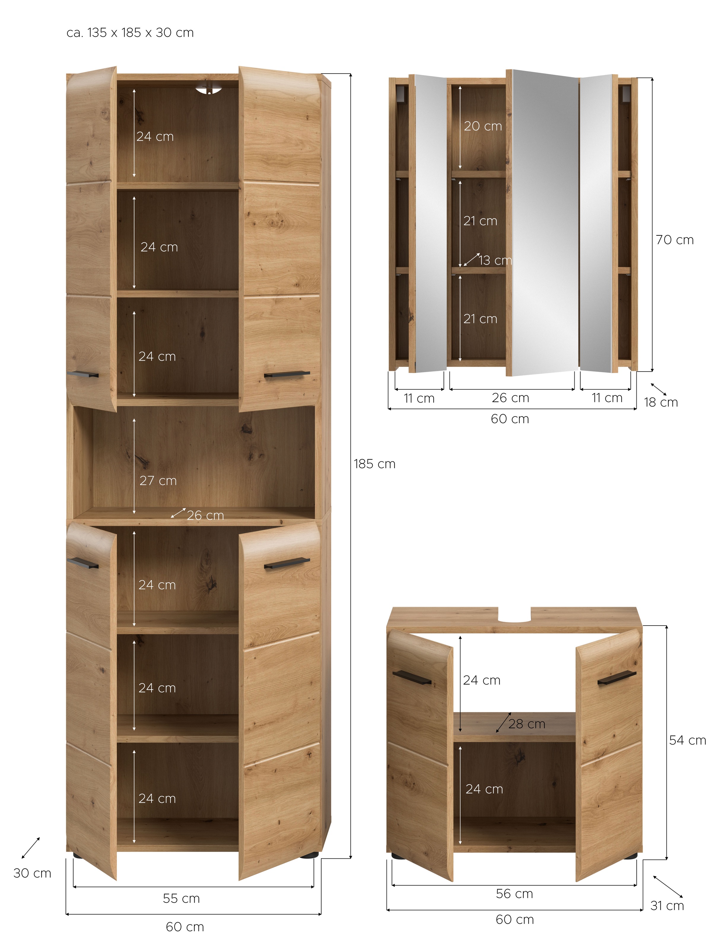 INOSIGN Ensemble de meubles de salle de bain »FLORENZ, TOPSELLER!, 3-teilige Badkombination, hochwertige MDF-Front« Set, best. aus: 1 Hochschrank, 1Waschbeckenunterschrank, 1 Spiegelschrank, 3 cuis tlg.