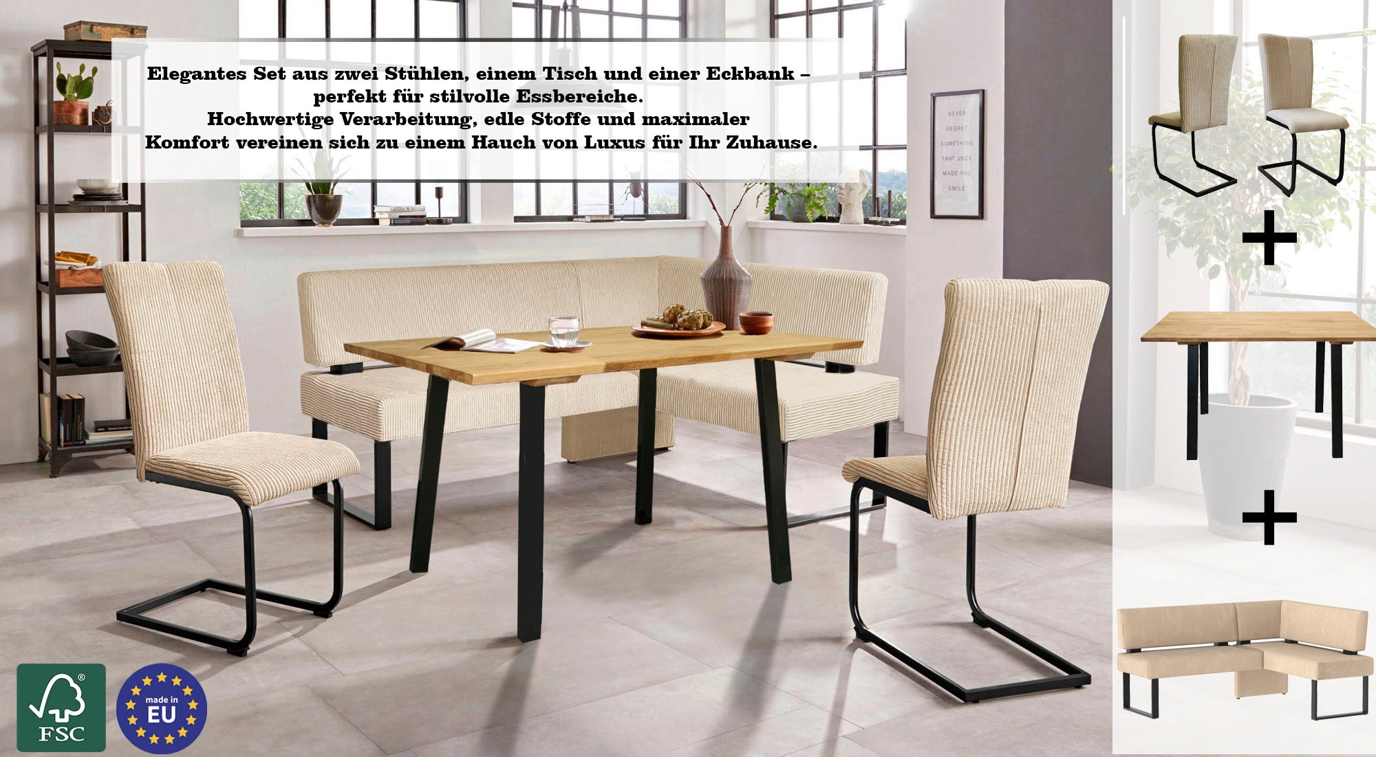 GOODproduct Ensemble de bancs d'angle »Oliver« Set, 4-tlg, 4 cuis tlg. Eckbank mit Wellenunterfederung im Sitz, Tisch Massiv Eiche