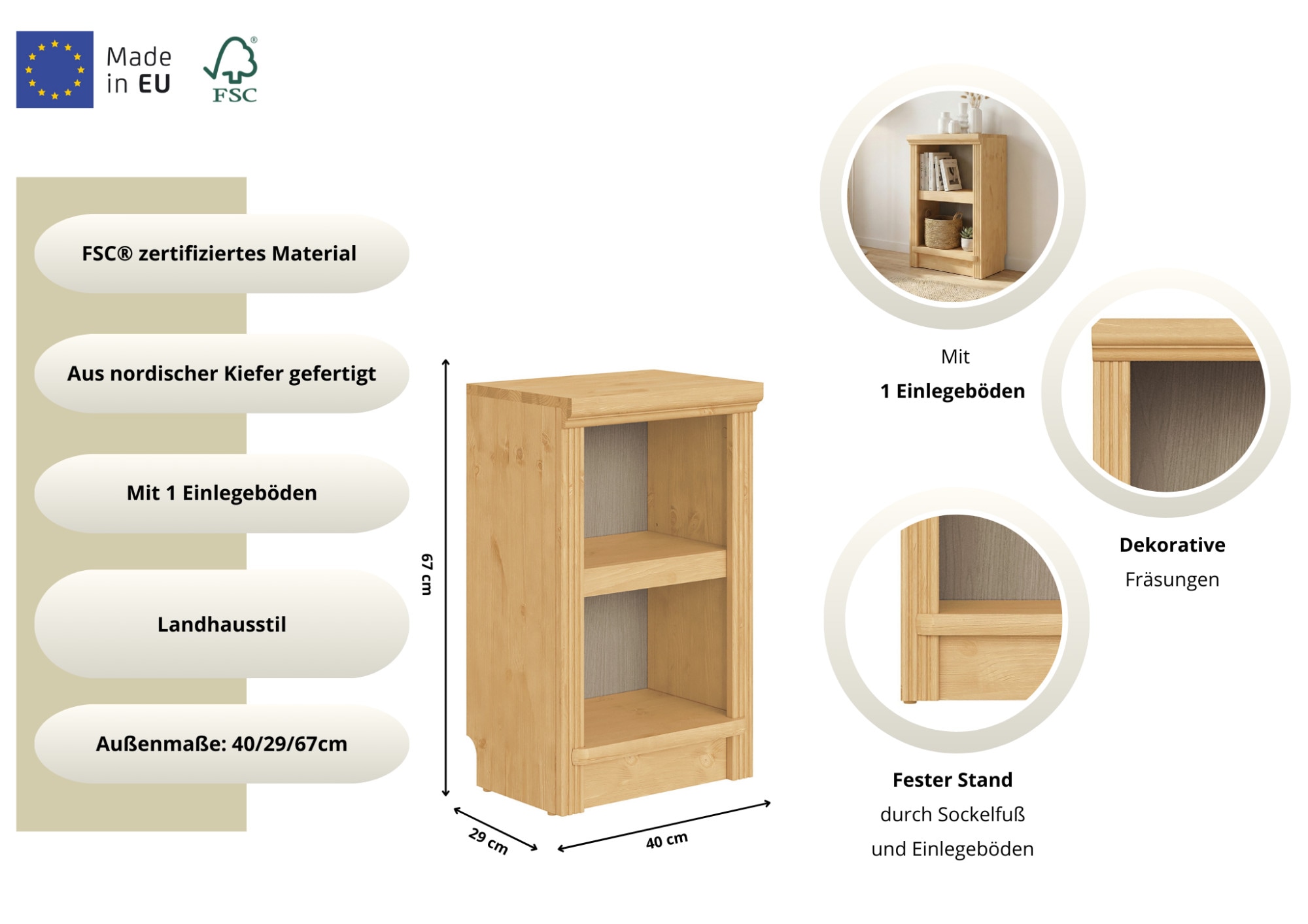 GOODproduct Standregal »Riga Bücherregal Regal Breite/Tiefe 40/29 cm« aus massiver Kiefer, FSC®-zertifiziert