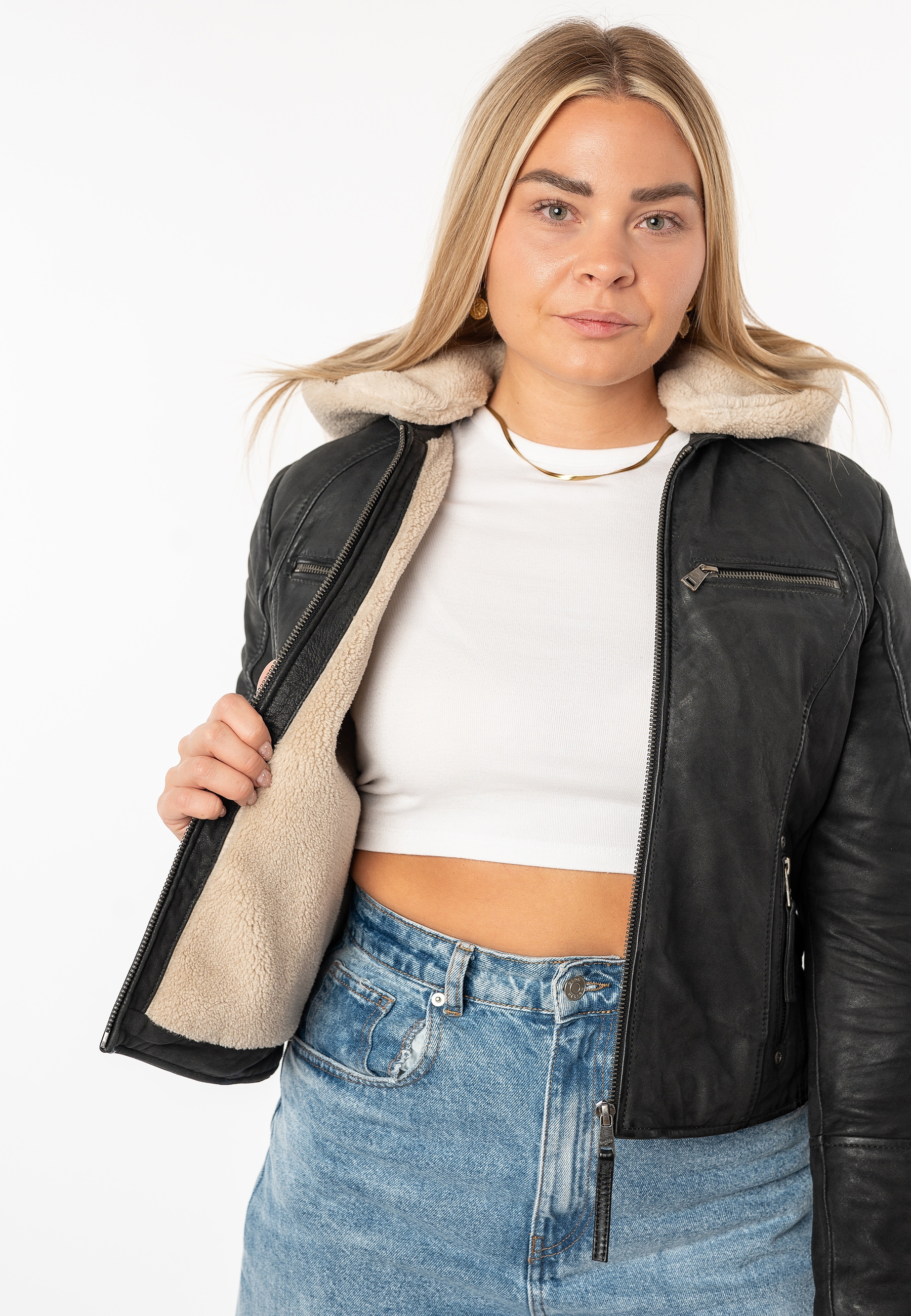 Mauritius Lederjacke »MWNedra« mit Kapuze mit abknöpfbarer Teddyplüsch-Kapuze