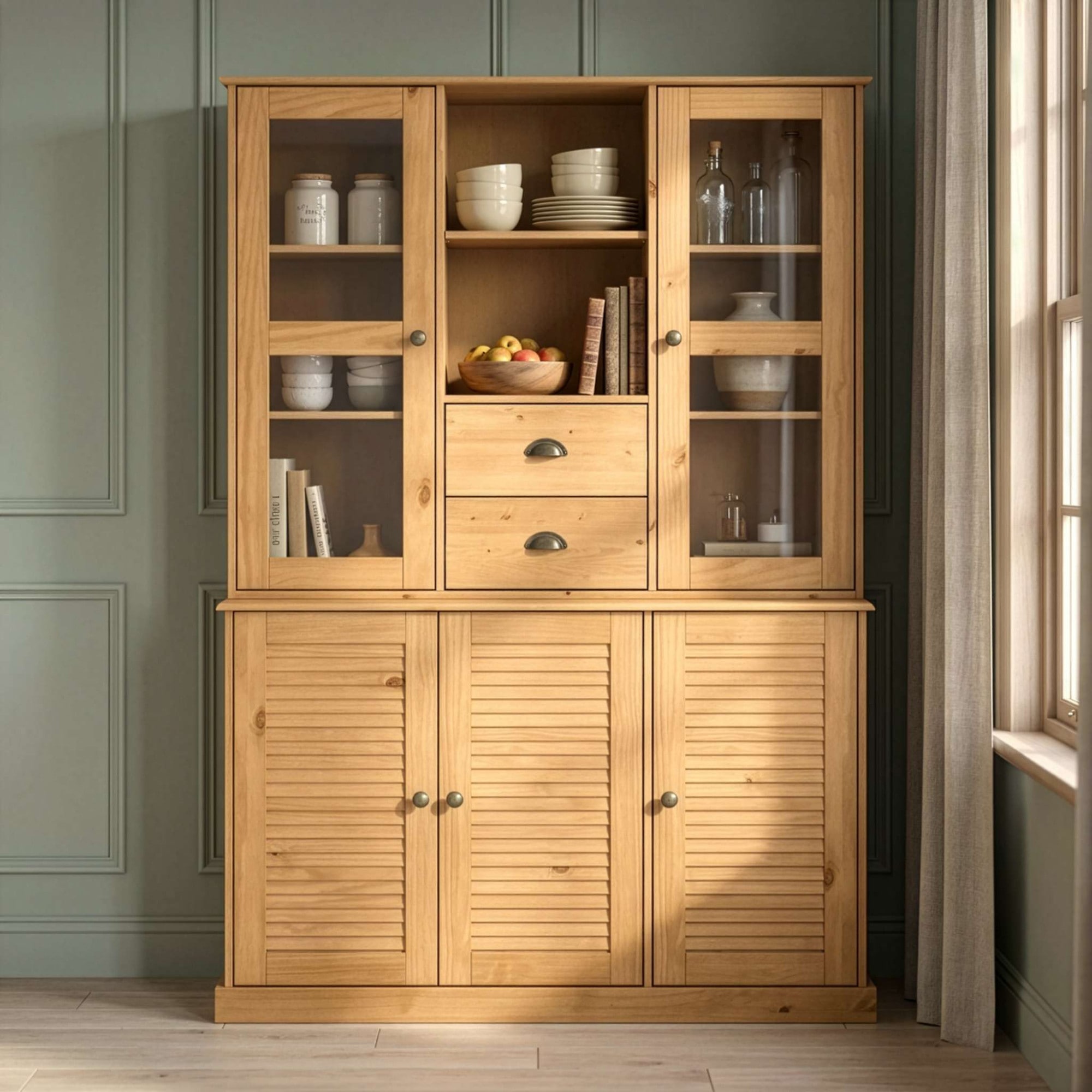 GOODproduct Buffet »Turia« mit Glas- u. Lamellentüren, aus massivem Kiefernholz FSC®, Höhe 180 cm