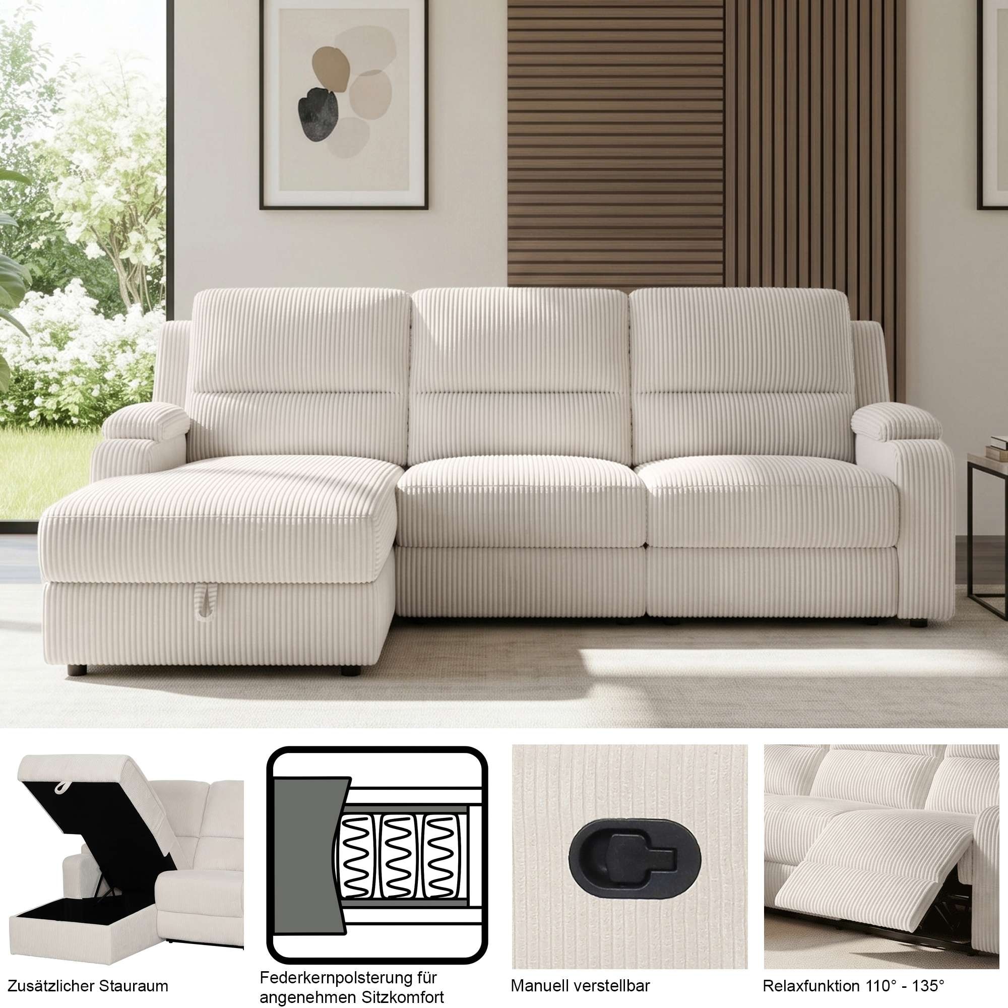 GOODproduct Canapé d'angle »NAPORI Struktur, Multimediasofa, L-Form« fonction relax manuelle ou électrique, USB-A pour la version électrique, coffre de rangement