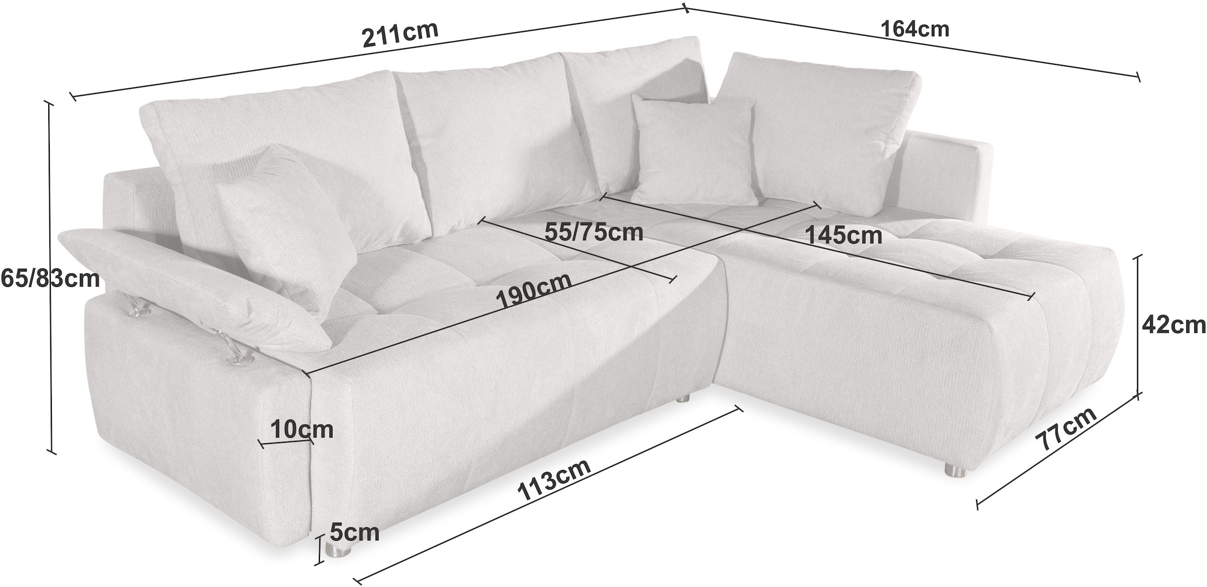 COLLECTION AB Canapé d'angle »Funtastic, Breite 213 cm« avec fonction sommeil, coffre de lit, réglage des accoudoirs et ressorts Bonnell