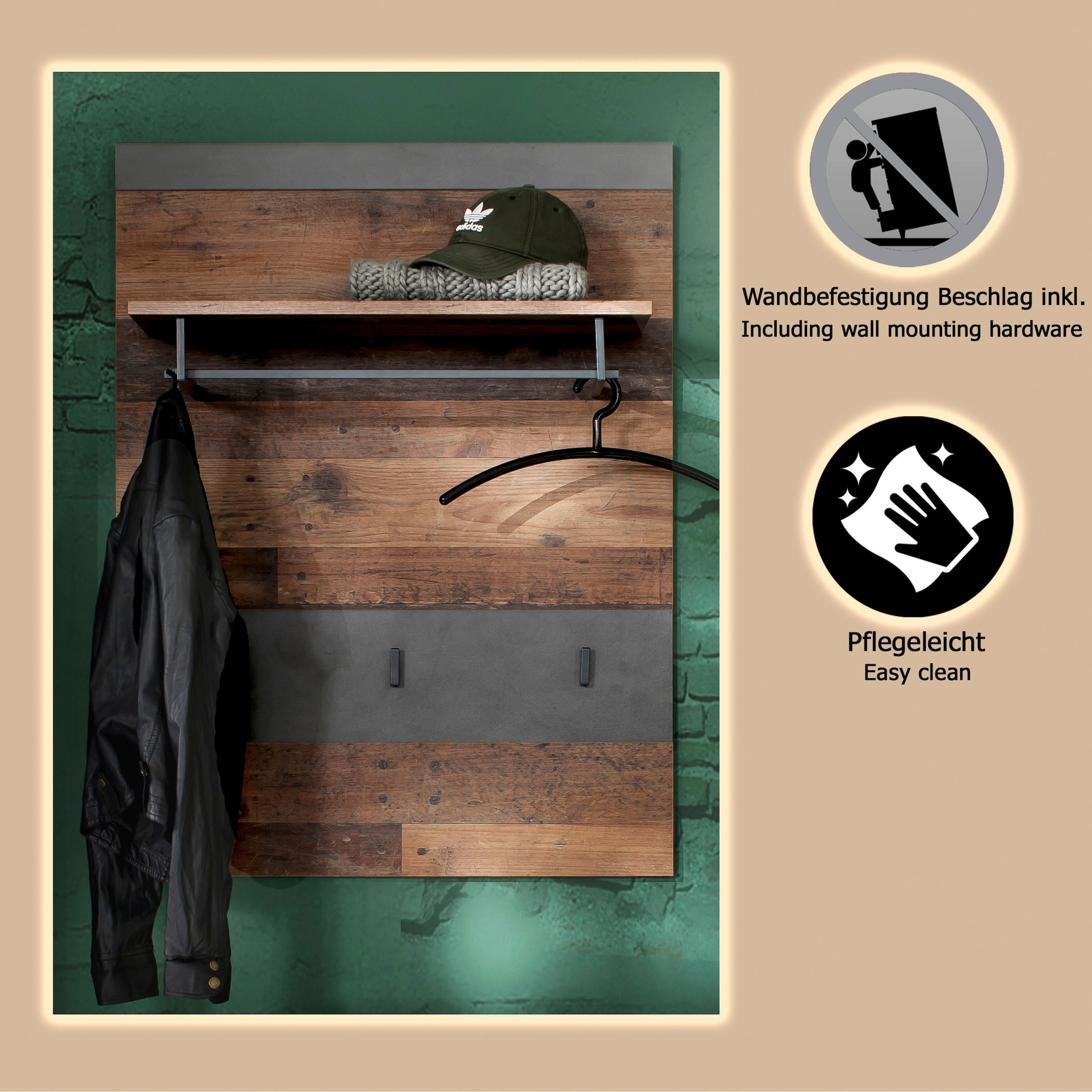 Home affaire Panneau de vestiaire »Ilana« Garderobenpaneel mit Ablage & Haken - (B/T/H) 80/29/106 cm