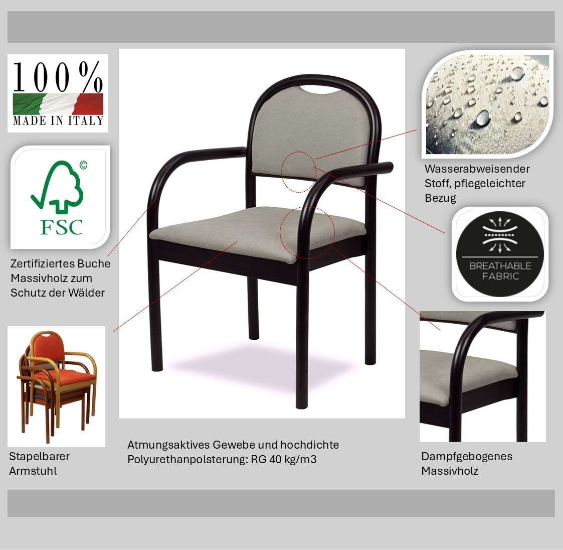 Home affaire Chaise avec accoudoirs »ROMA, Stuhl, Armlehnstuhl, Sessel, Komfortsessel, Made in Italy« () 1 cuisStapelbar, Fleckenabweisendes Gewebe, Massivholz