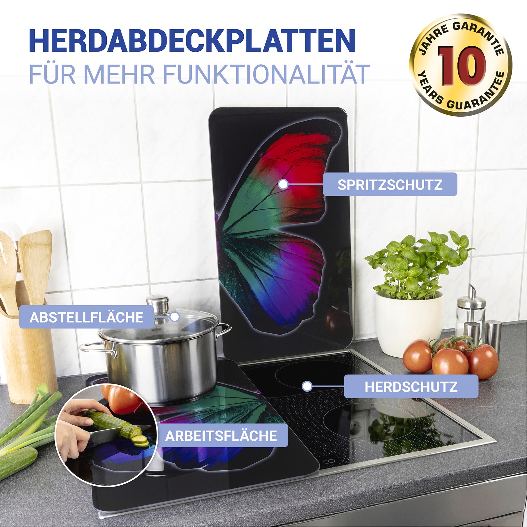 WENKO Herd-Abdeckplatte »Universal Modell Butterfly by Night« Herdabdeckung für alle Herdarten, kratzfest, mit rutschfesten Füssen