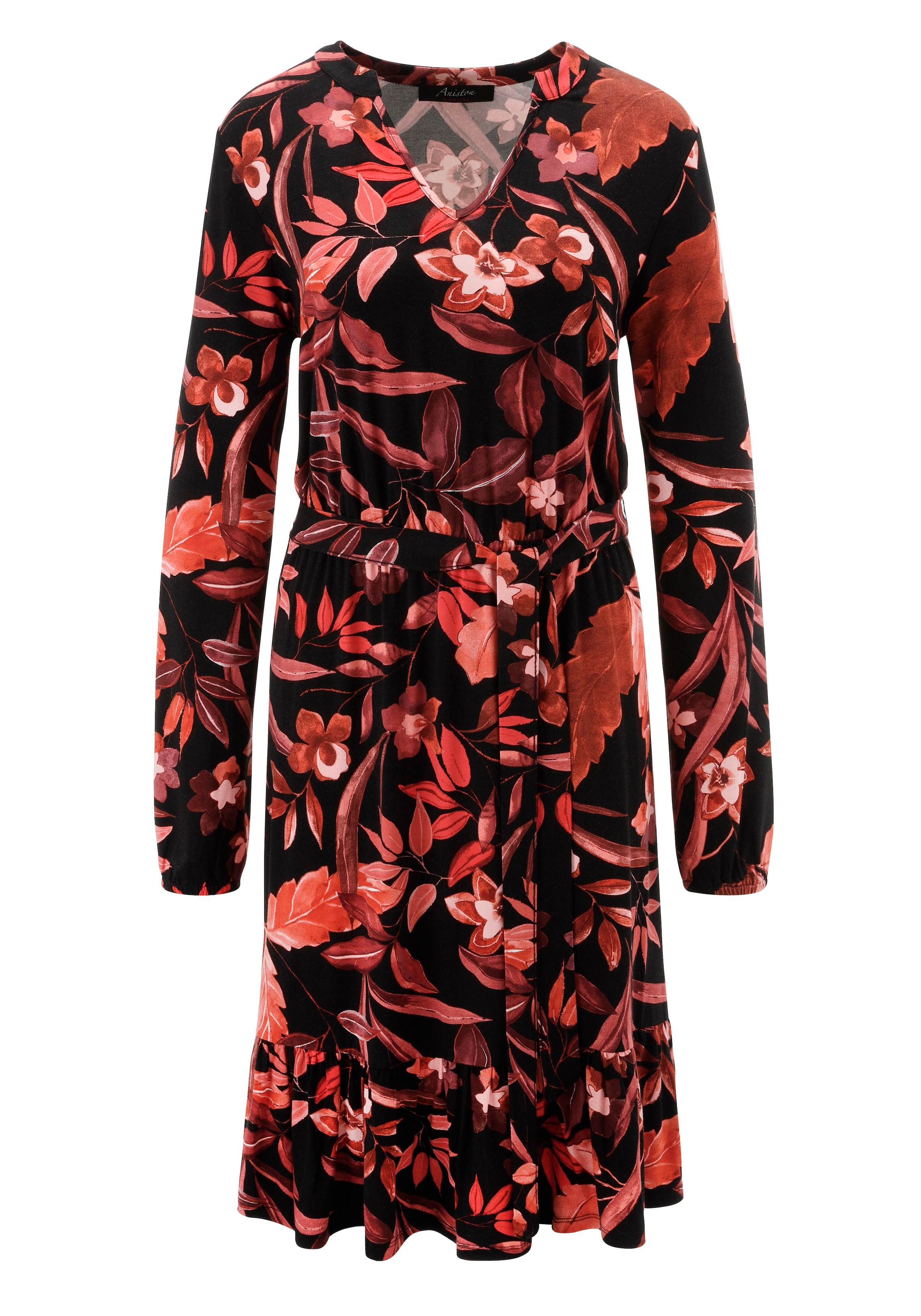Aniston CASUAL Jerseykleid mit abnehmbarem Bindeband,  mit grossflächigen Blüten und Blättern bedruckt