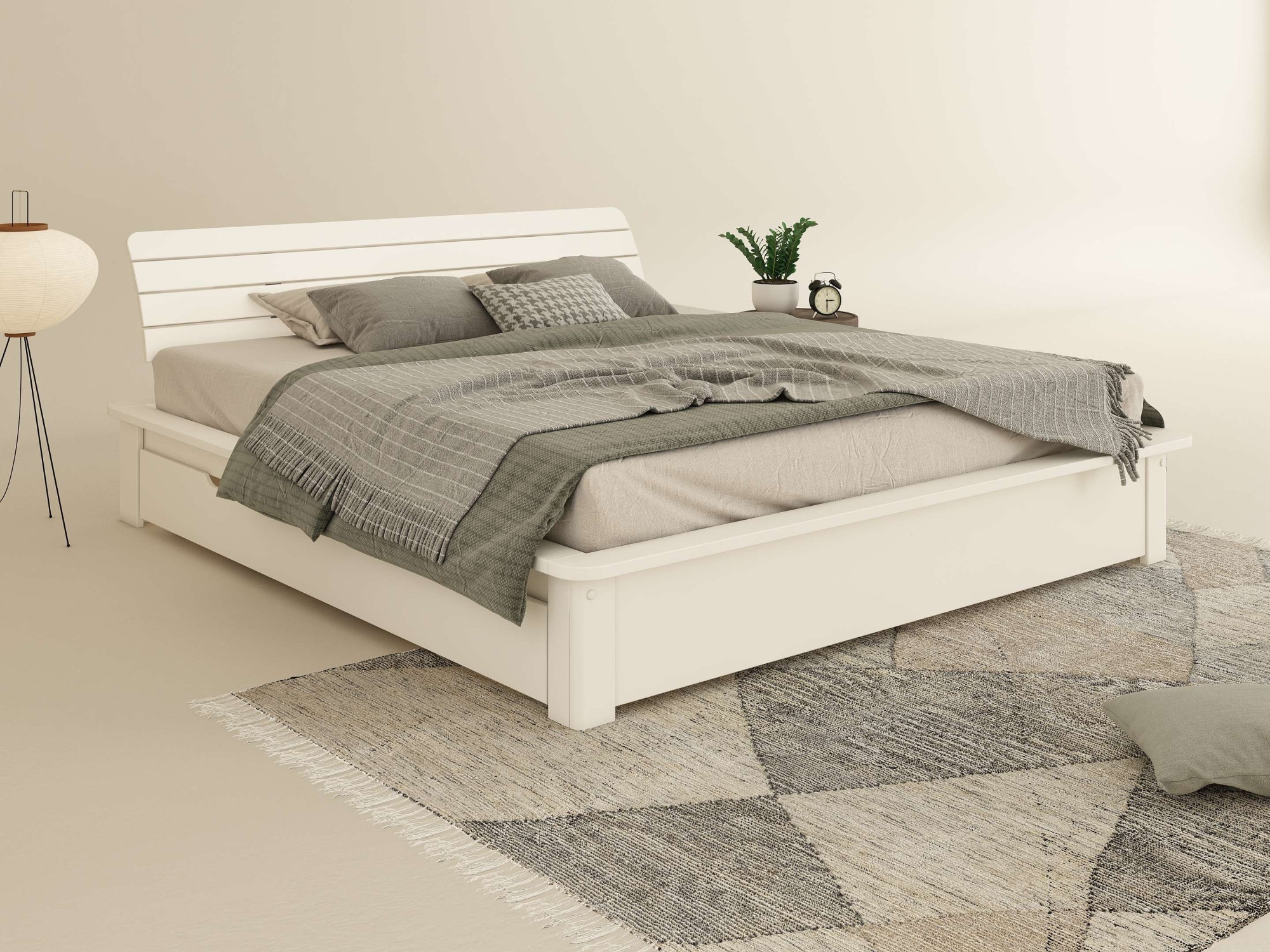 GOODproduct Lit en bois massif »Antri, Futonbett, ergonomisch geformtes Kopfteil, stilvolles Design« Rahmen zur Ablage von Smartphone, mit Lattenrost, Bettkasten optional