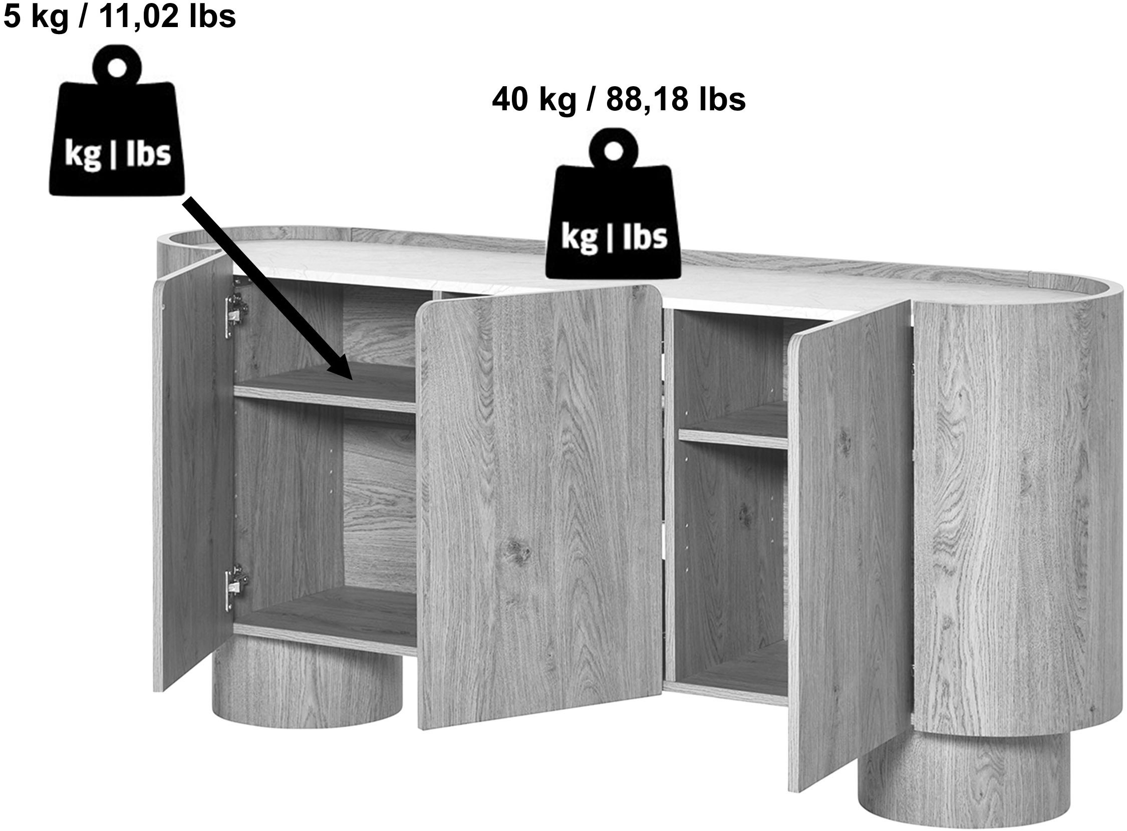 Jahnke Buffet »CIRCO SB 160« 1 cuis tlg. Buffet, 3 portes, design arrondi, aspect marbre, largeur 160 cm