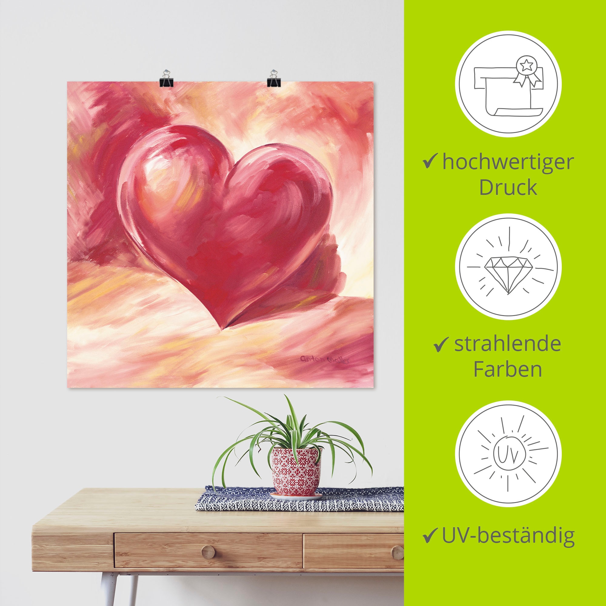 Artland Fresque murale »Rosa/rotes Herz« 1 cuis tlg. als Leinwandbild, Poster in verschied. Grössen