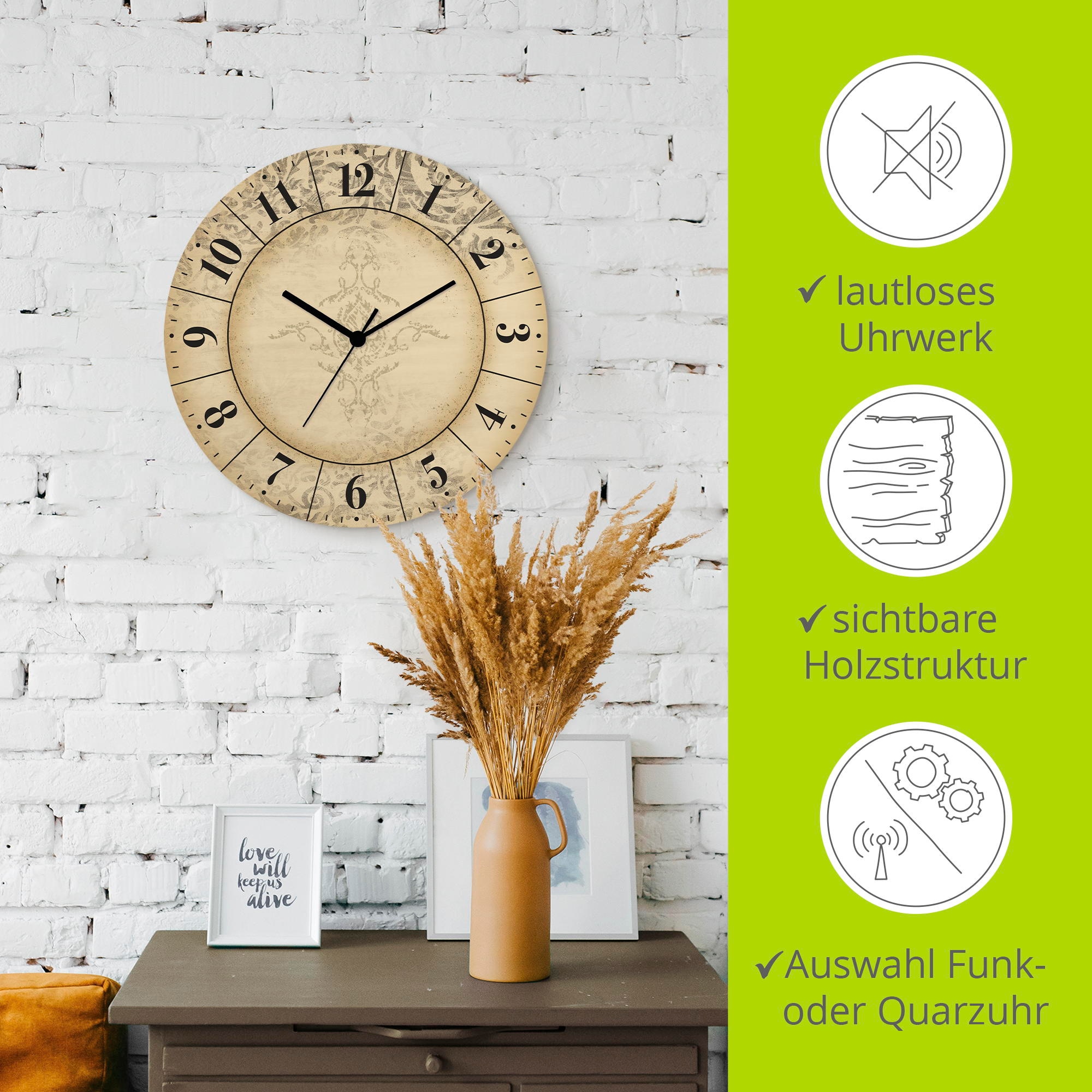 Artland Wanduhr »Vintage Zeitflüsterer« wahlweise mit  Quarz- oder Funkuhrwerk, lautlos ohne Tickgeräusche