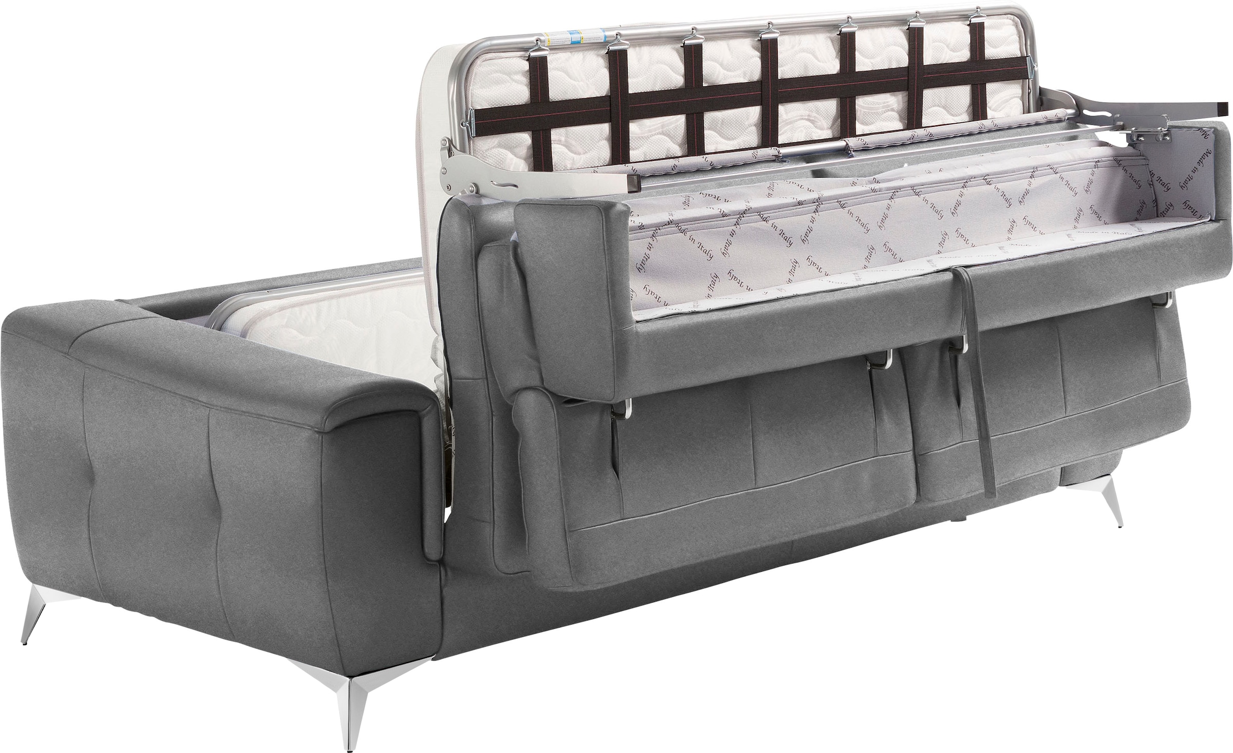 Egoitaliano Schlafsofa »Francine Designsofa, Loungesofa mit Dauerschlaffunktion, Breite 233 cm« Bettfunktion, Luxus-Microfaser Lederoptik, steingrau, Fussfarbe chrom