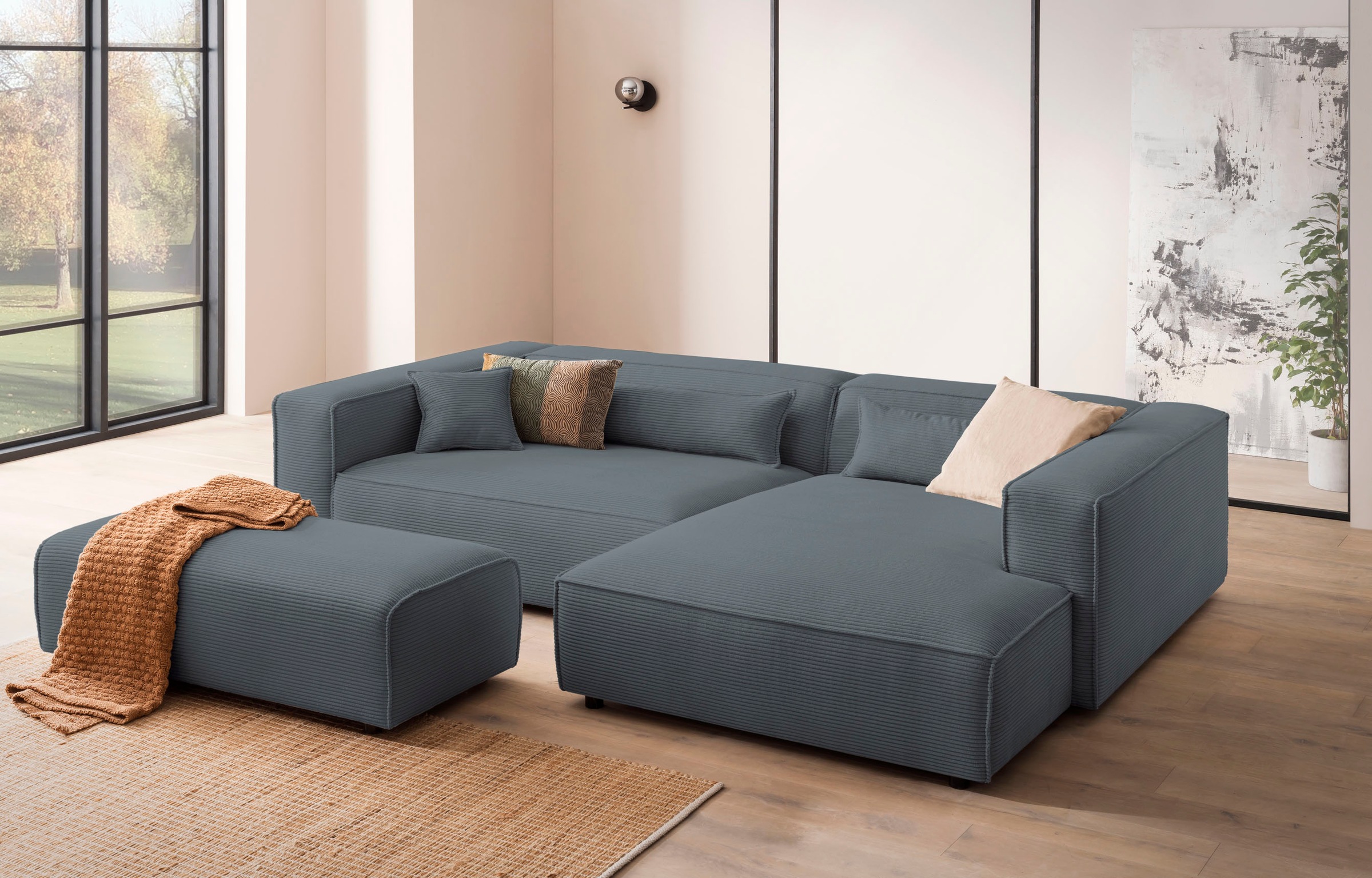 LeGer Home by Lena Gercke Hocker »PIARA, Polsterhocker mit Kedernaht, Cord, Leinenoptik o. Strukturstoff« zur Serie PIARA, rechteckig, schwarze Füsse, bequemer Sitzkomfort