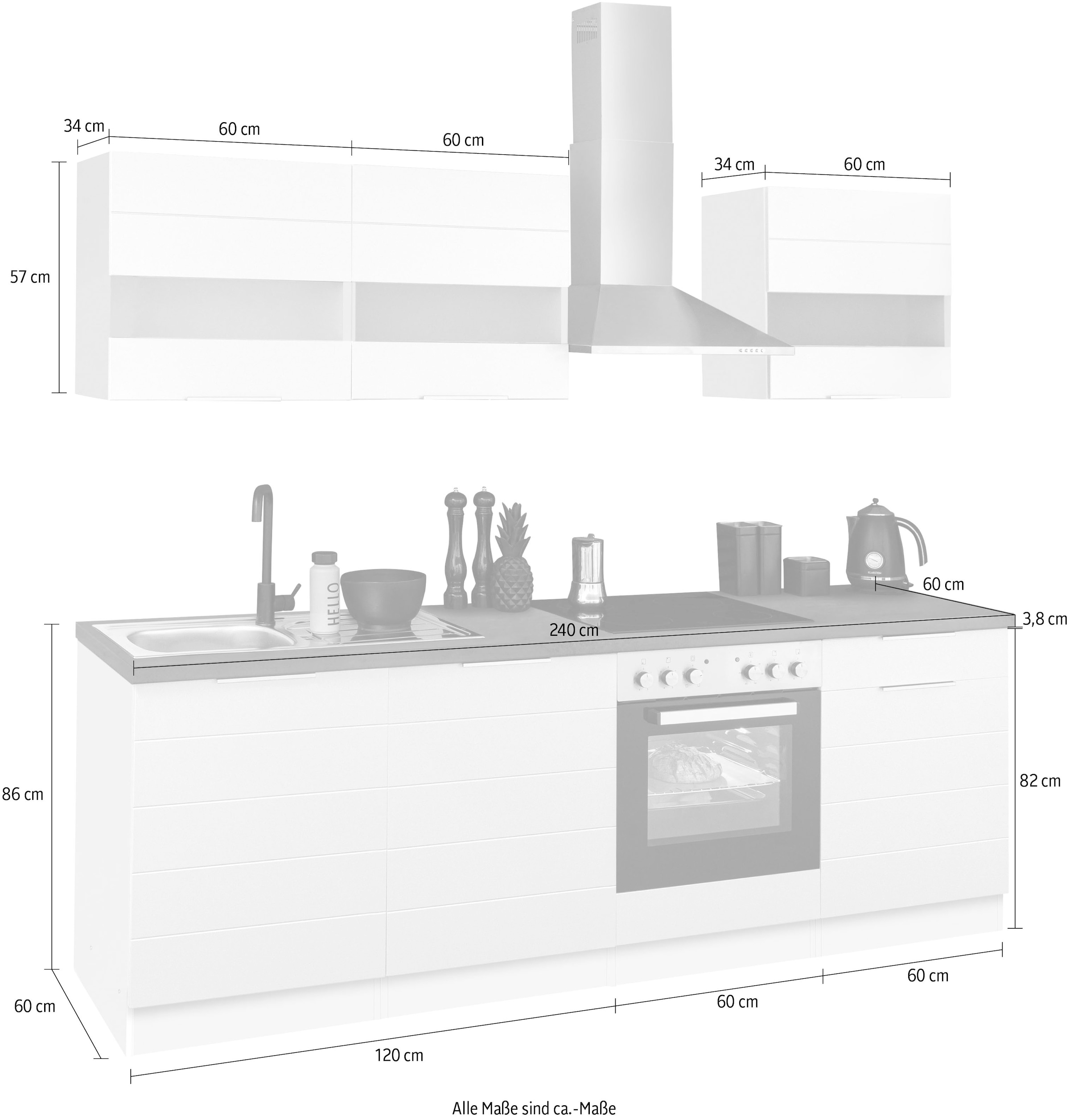 KOCHSTATION Küchenzeile »KS-Luhe« 240 cm breit, wahlweise mit oder ohne E-Geräten, gefräste MDF-Fronten