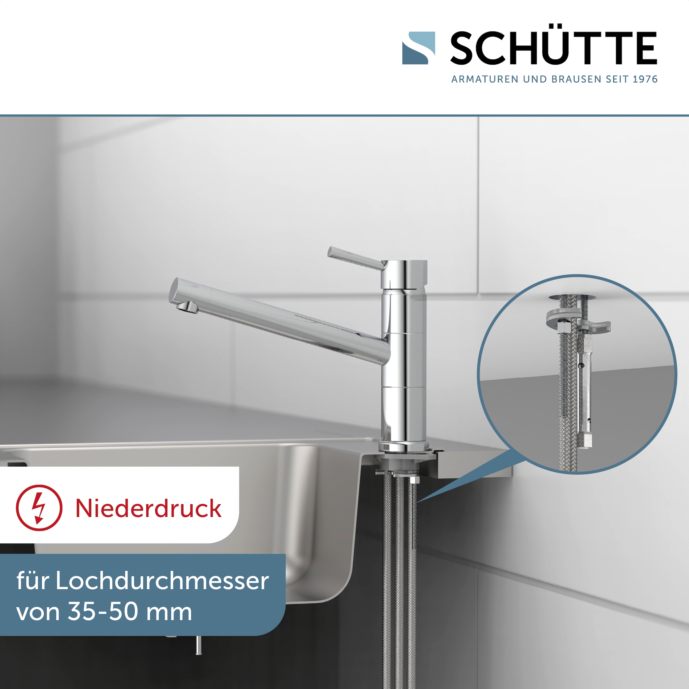 Schütte Robinet d'évier »UNICORN« Niederdruck Armatur Küche, 150° schwenkbar, Verbrühschutz Chrom