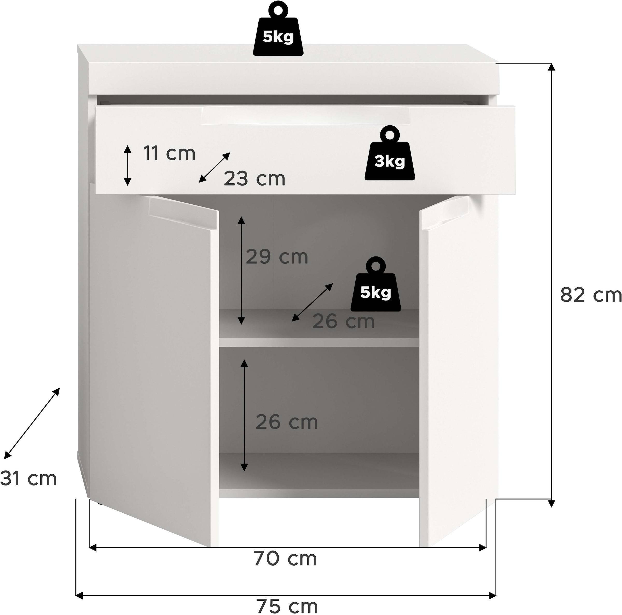 GOODproduct Badkommode »MAOI, Breite 75 cm, 2 Türen, 1 Schubkasten, 2 Fächer« Badezimmerschrank, Schrank, Kommode, Midischrank, Bad, Badezimmer