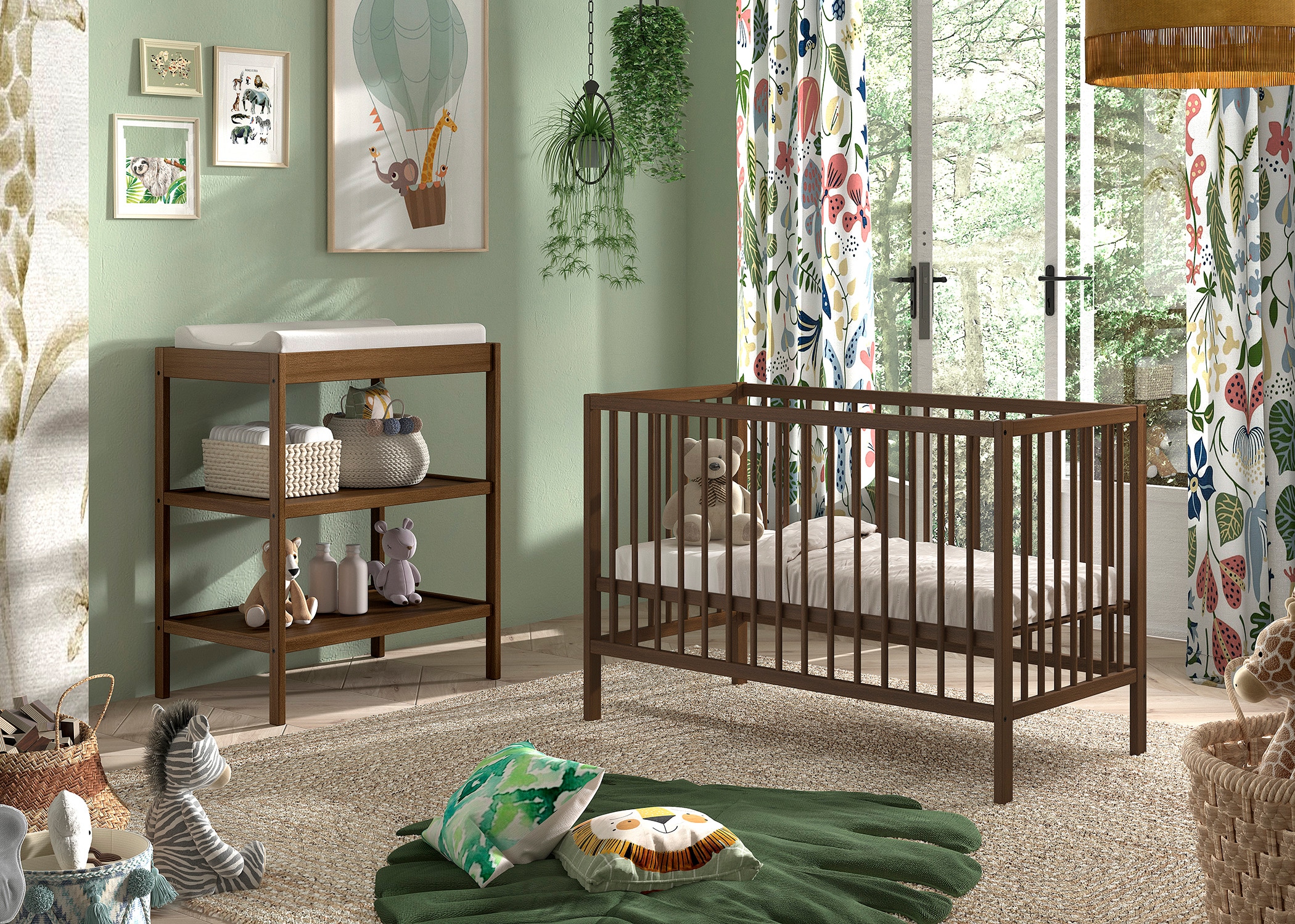 Vipack Ensemble de meubles pour bébé »DINO, ideal für Ihr Kinderzimmer, Made in Europe, Buche massiv« composé de lit bébé 60/120 et étagère à langer, 2 tlg. surface de couchage réglable en hauteur sur 3 positions, version hêtre couleur noyer