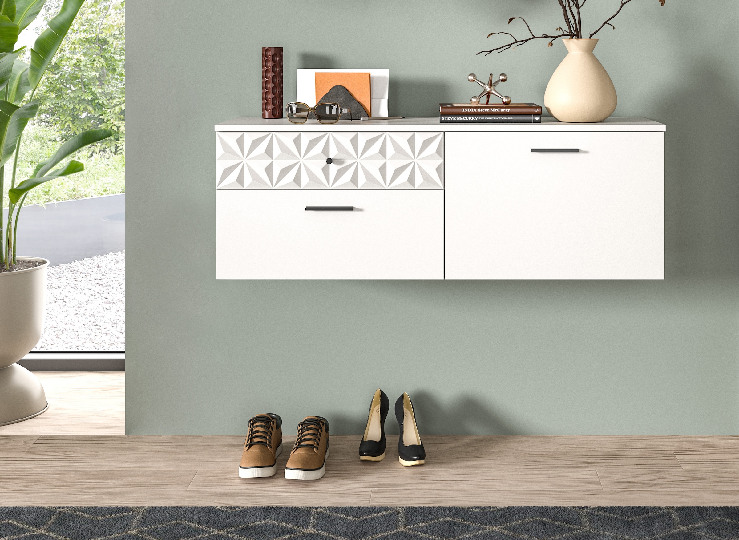 Home affaire Schuhschrank »VICENZA, hängend, 2 Schubkästen, 1 Klappe, 2 Fächer, Ornamentabsetzung« Hängeschrank, Flurschrank, Dielenschrank, Anrichte, Kommode