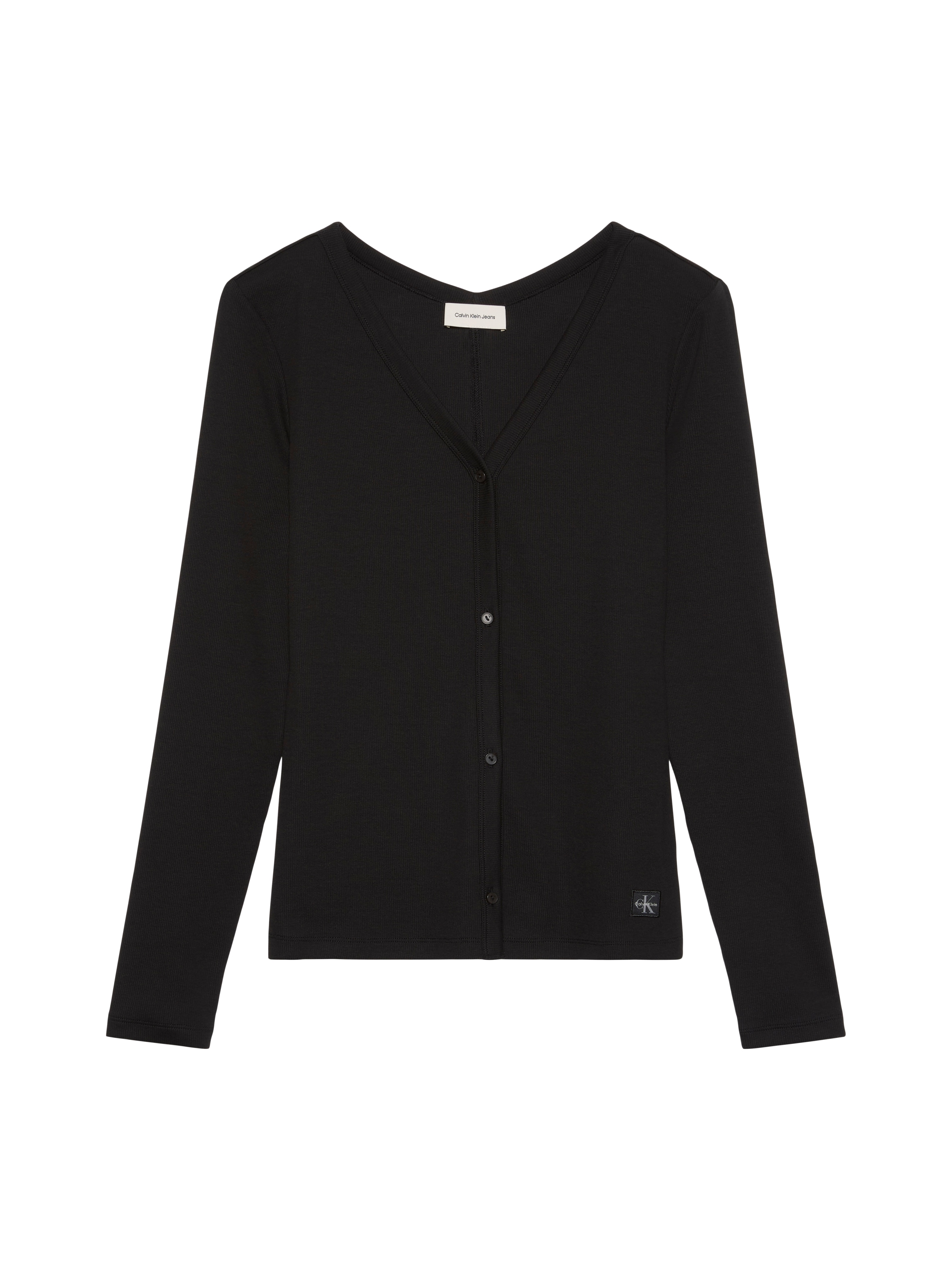 Calvin Klein Jeans Langarmshirt »WOVEN LABEL BABY RIB BUTTON« Figurbetonte Passform mit V-Ausschnitt
